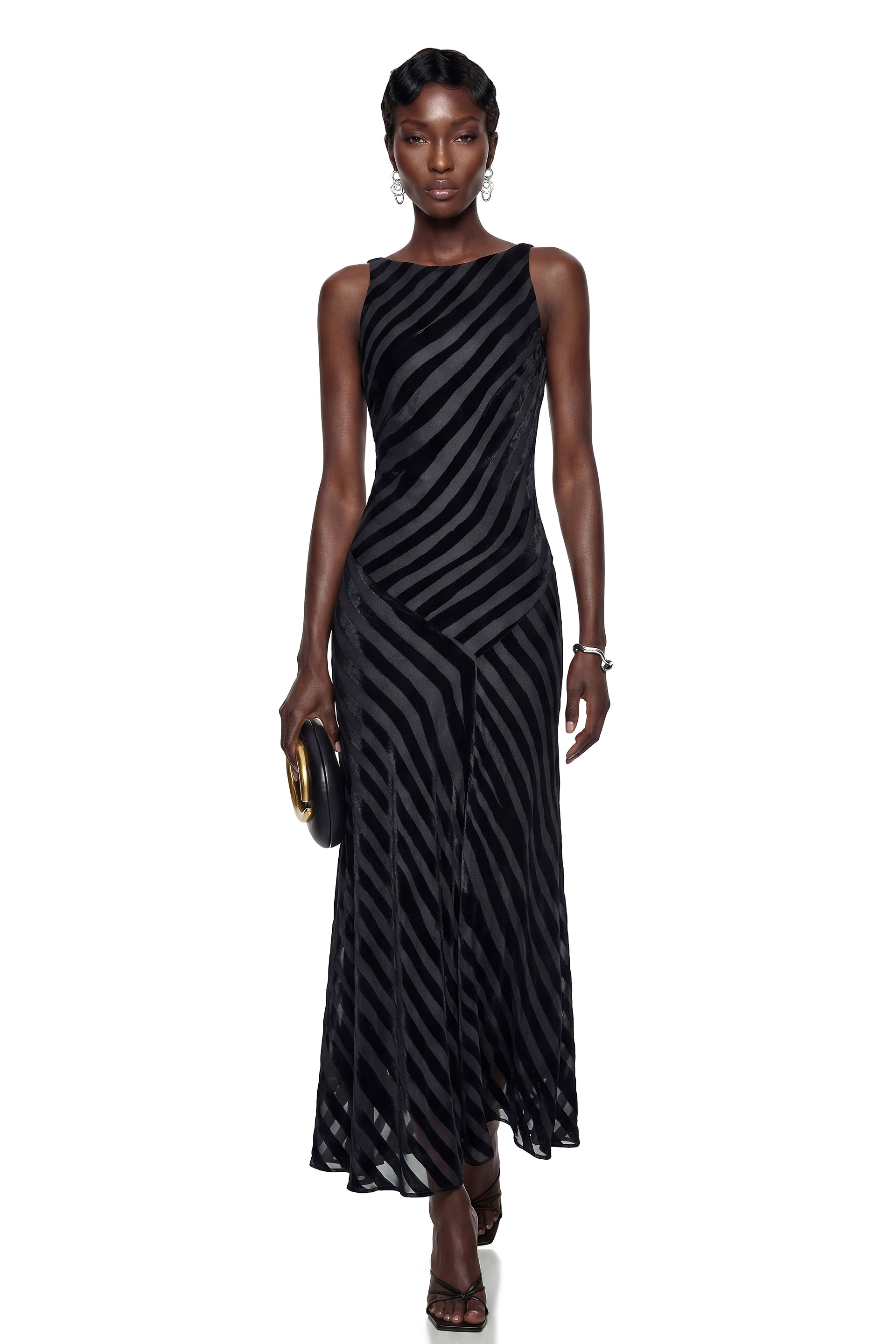 Cailleach Black Silk Asymmetrical Striped Midi Dress
