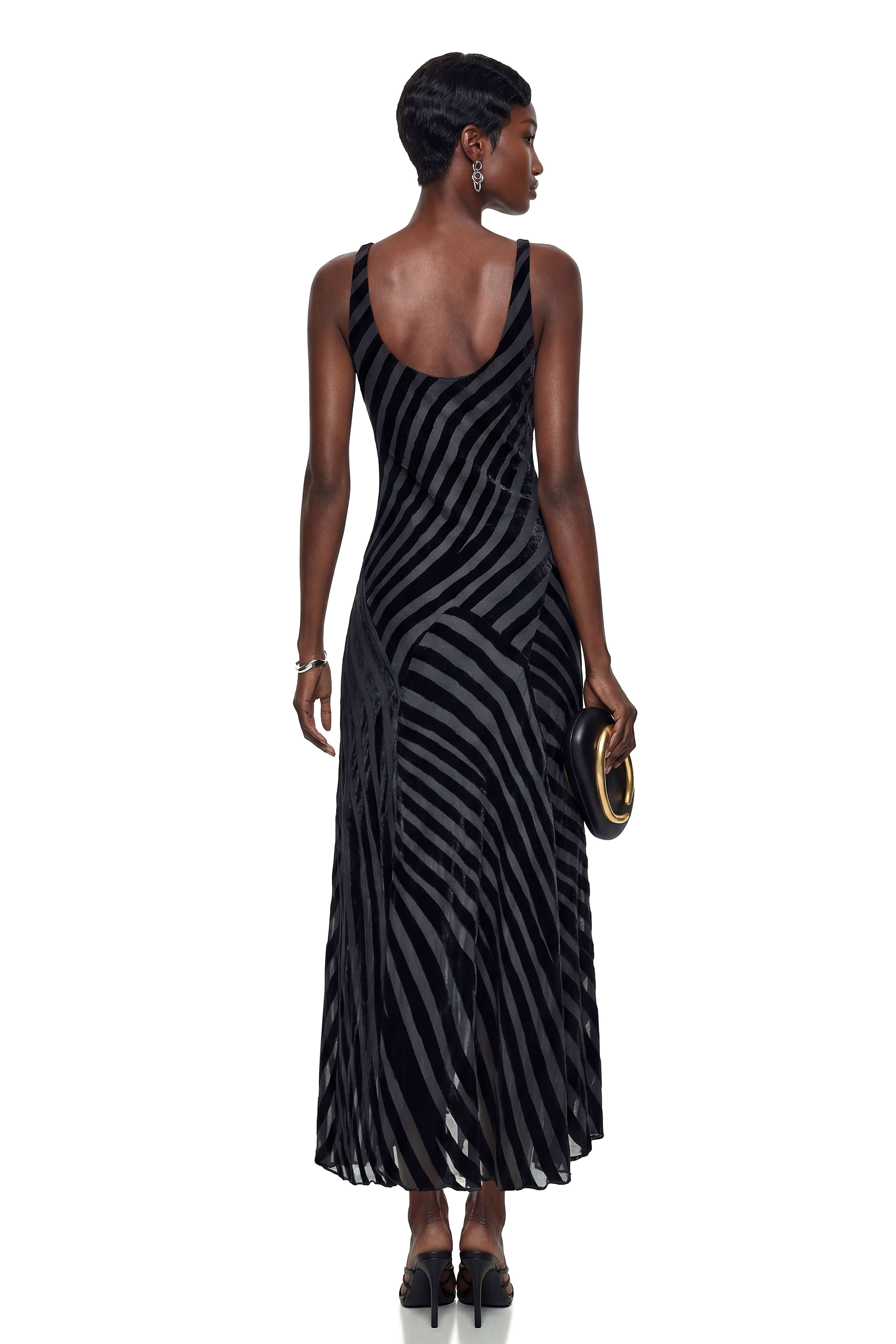 Cailleach Black Silk Asymmetrical Striped Midi Dress