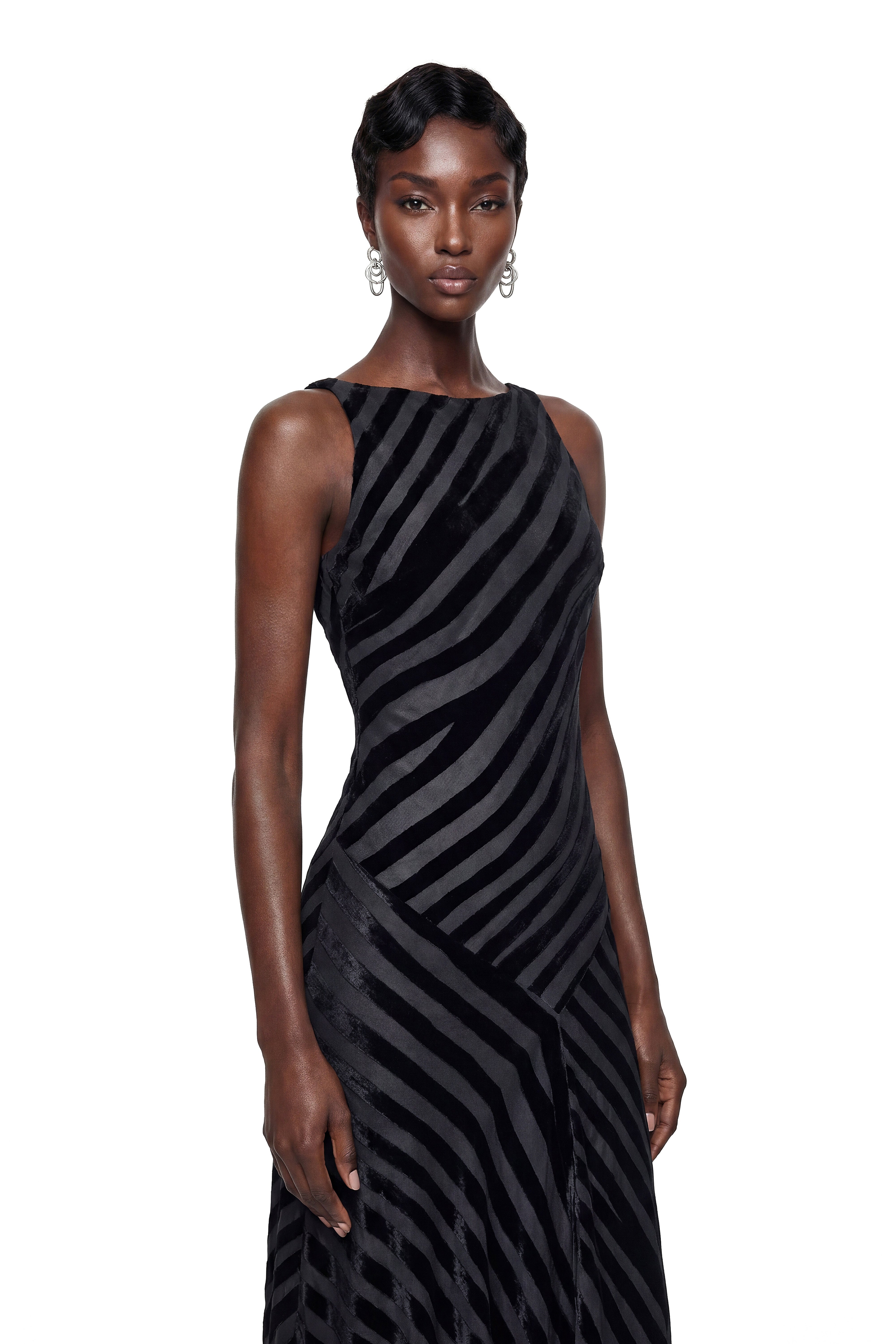 navy blue dress for baby girl Cailleach Black Silk Asymmetrical Striped Midi Dress