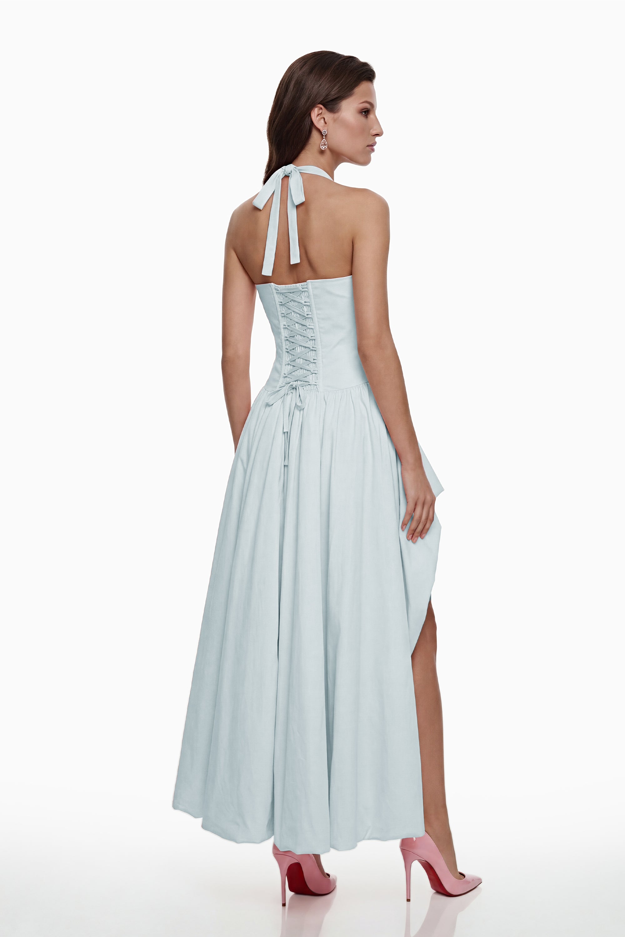 فستان طويل أزرق بدون أكمام من Caiya مع شق