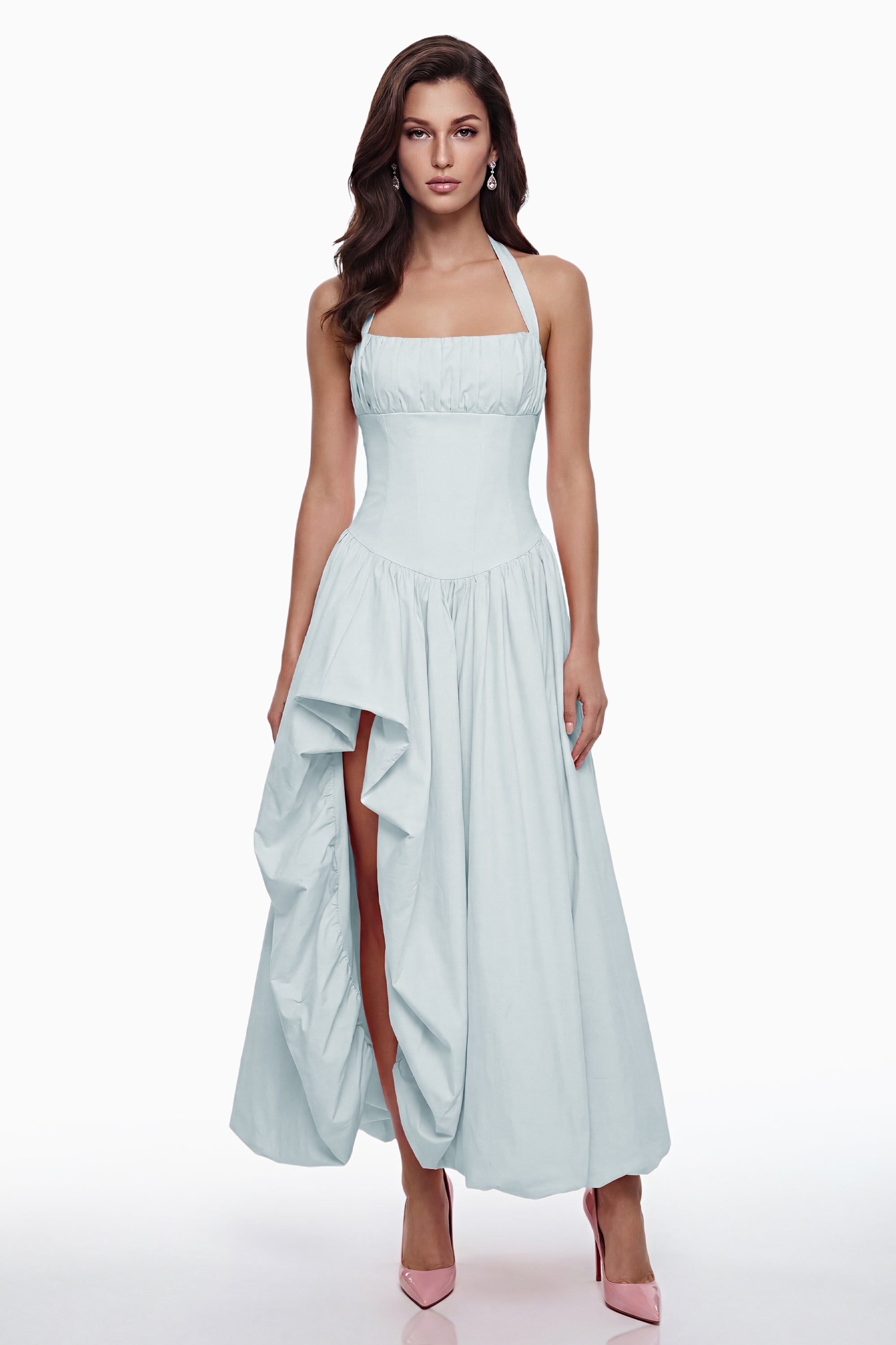 فستان طويل أزرق بدون أكمام من Caiya مع شق