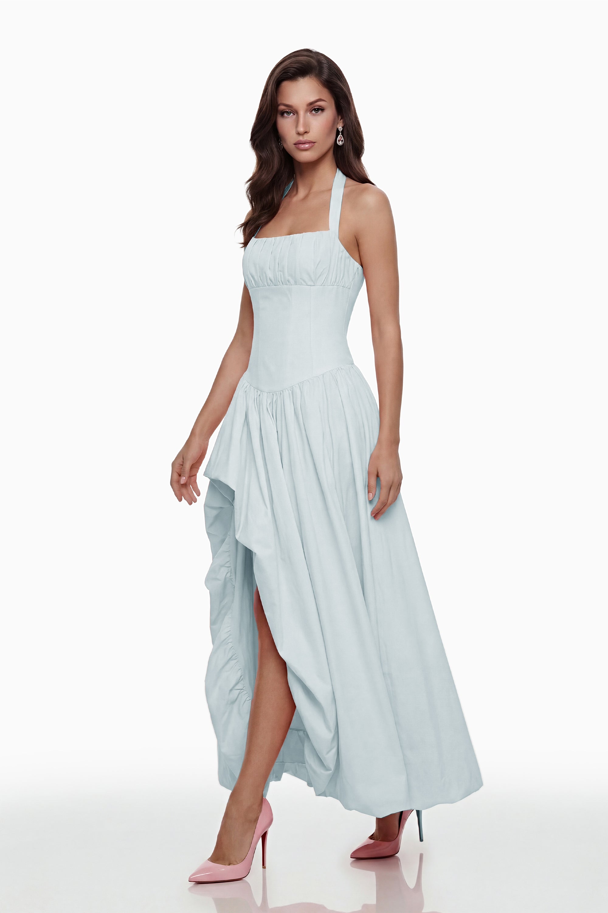 فستان طويل أزرق بدون أكمام من Caiya مع شق