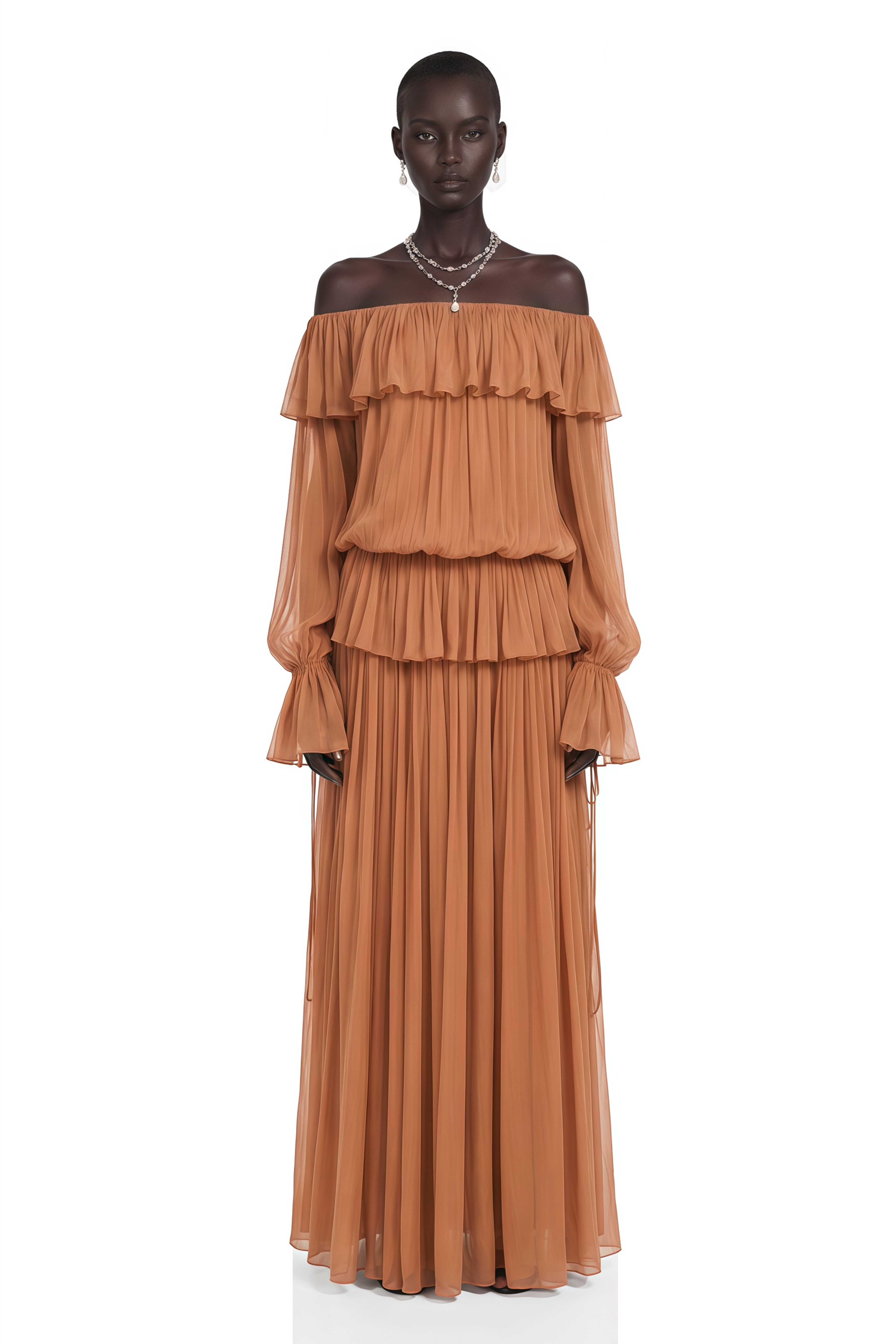 Calantha Chocolate Brown Off Shoulder Ruffled Top & Skirt Set
