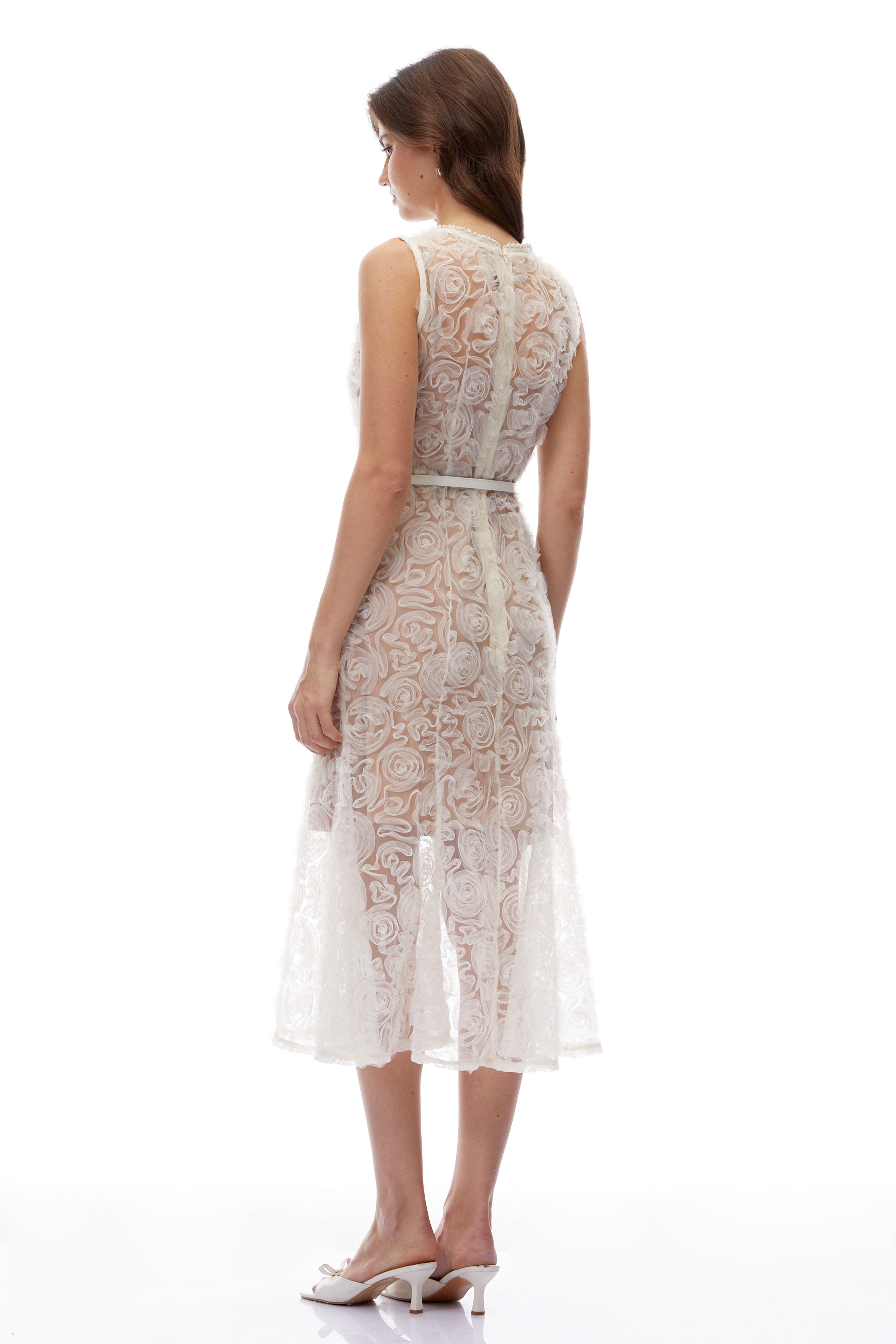 Calista White Lace Midi Dress with 3D Floral