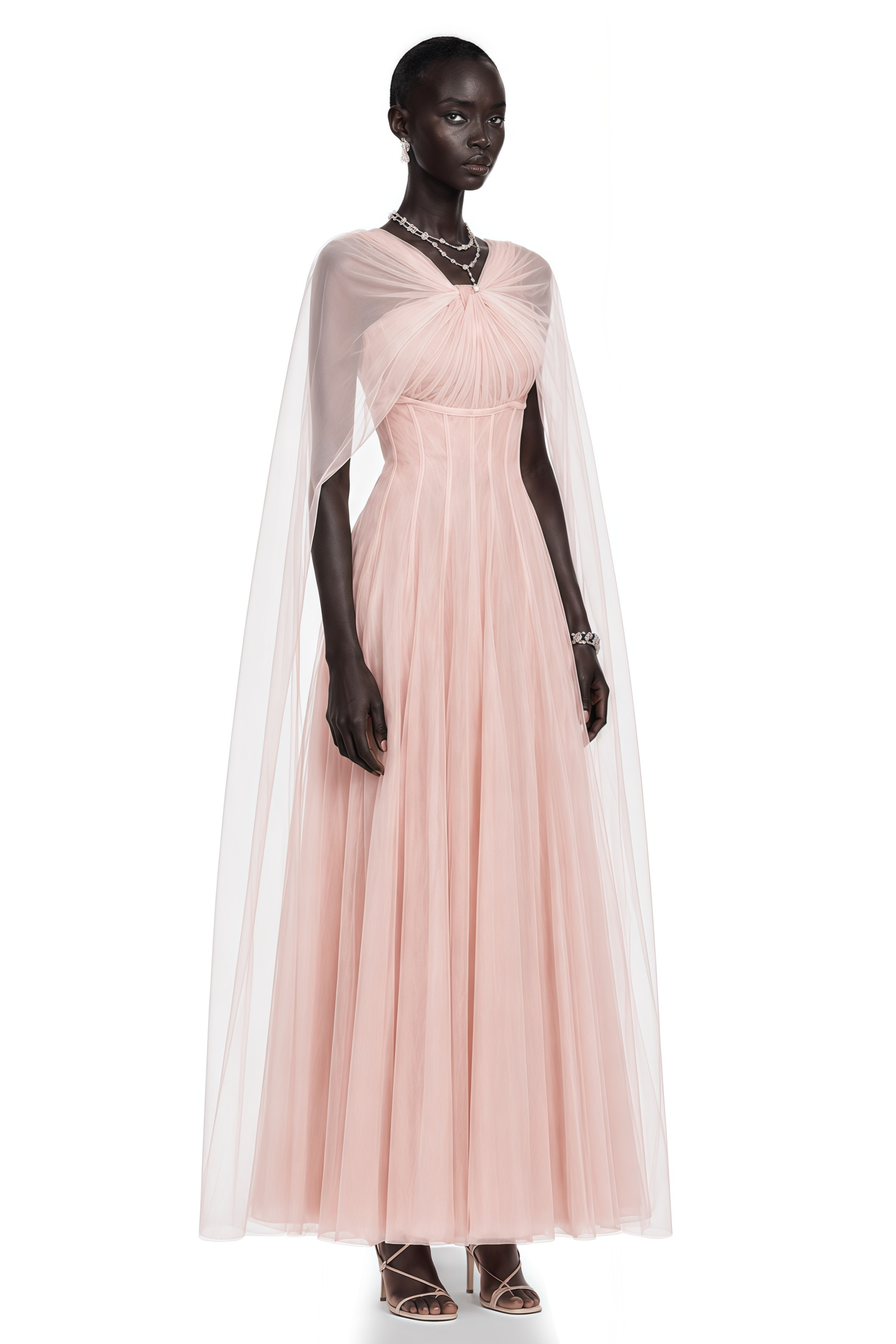 Calliope Pink Ruched Lace Maxi Dress with Cape