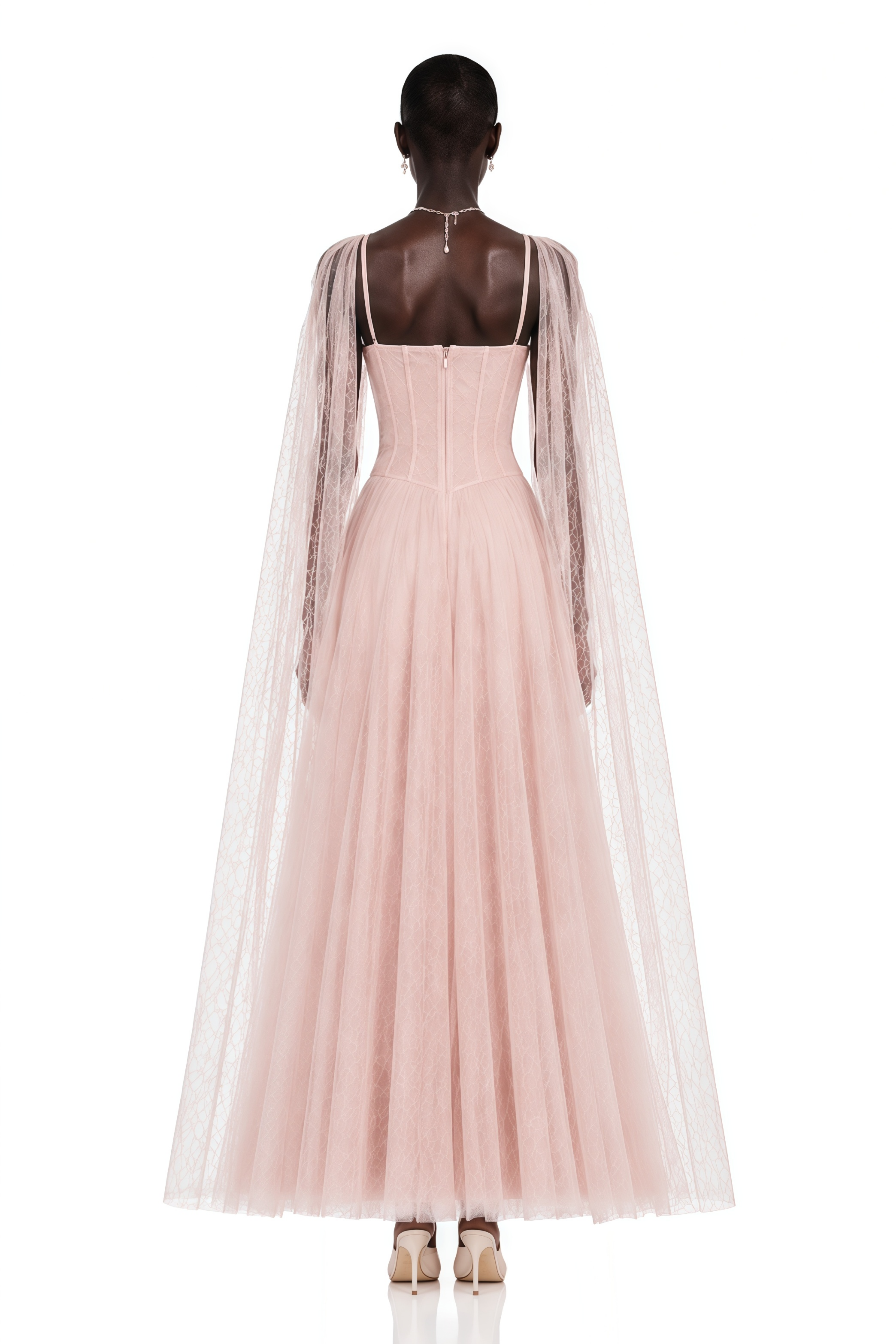 Calliope Pink Ruched Lace Maxi Dress with Cape