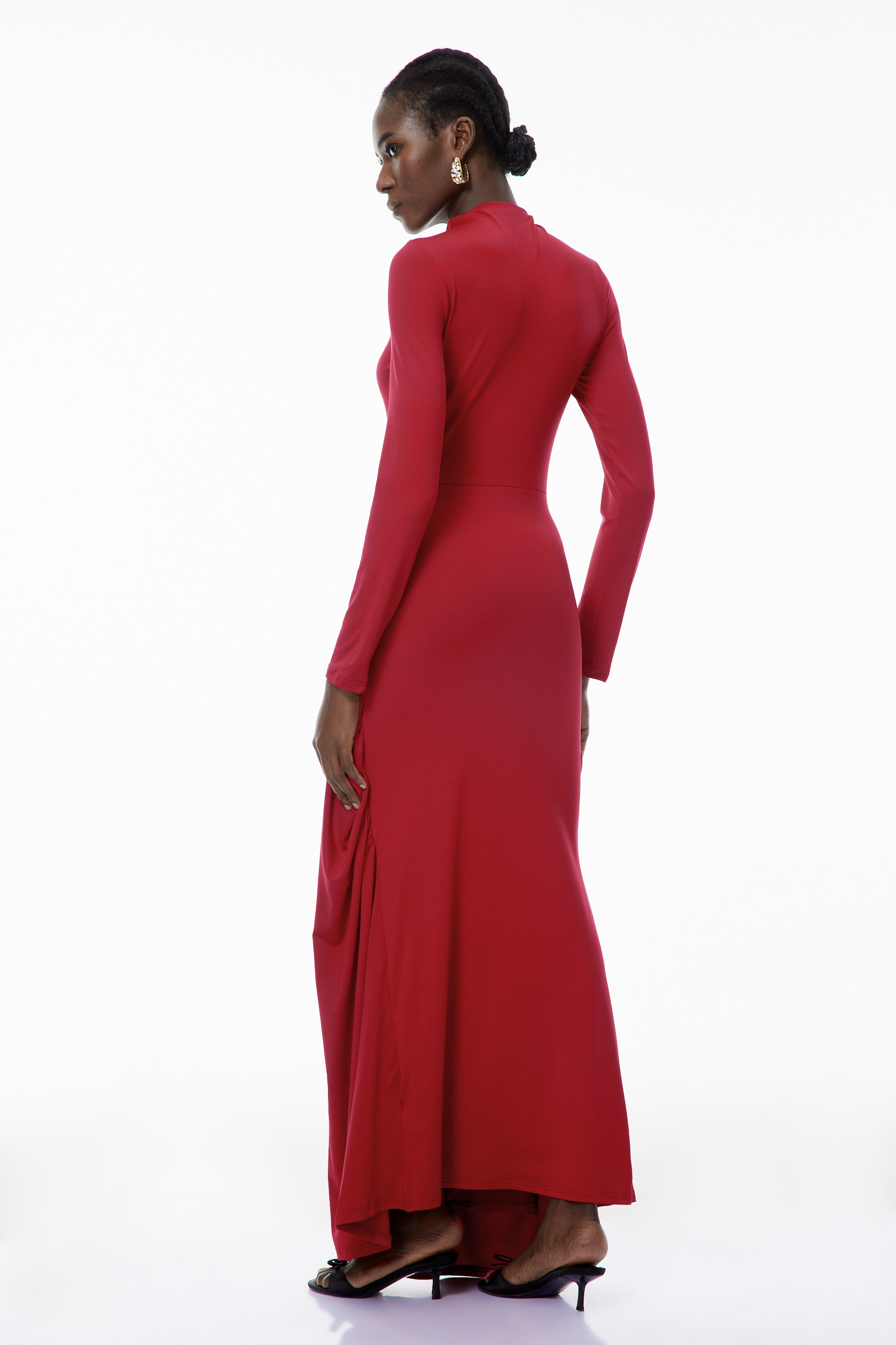 Cambria Red Ruched Maxi Dress with Metal Buckle (Final Sale)