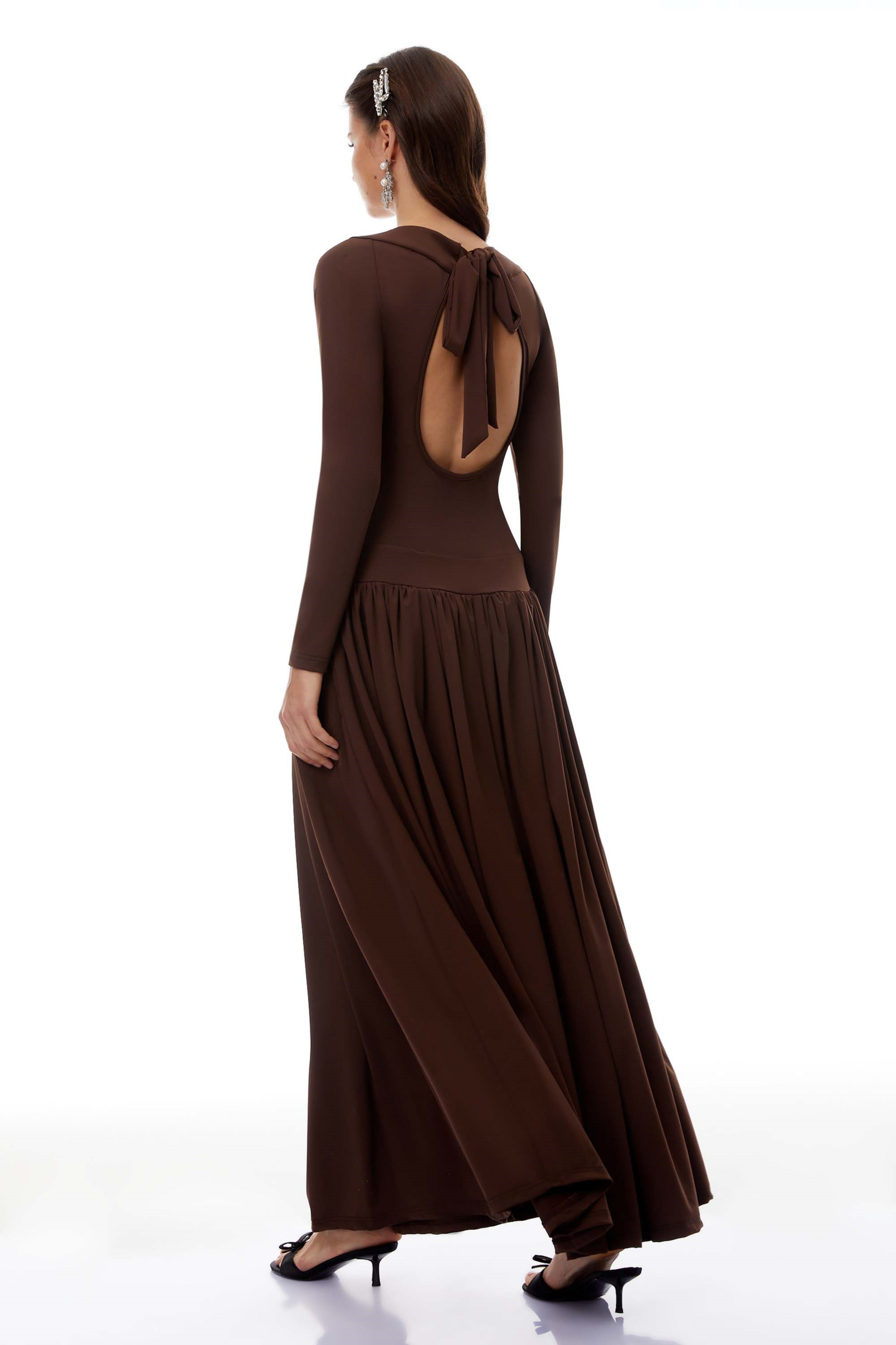 Campagne Brown Open-Back Shirred Maxi Dress