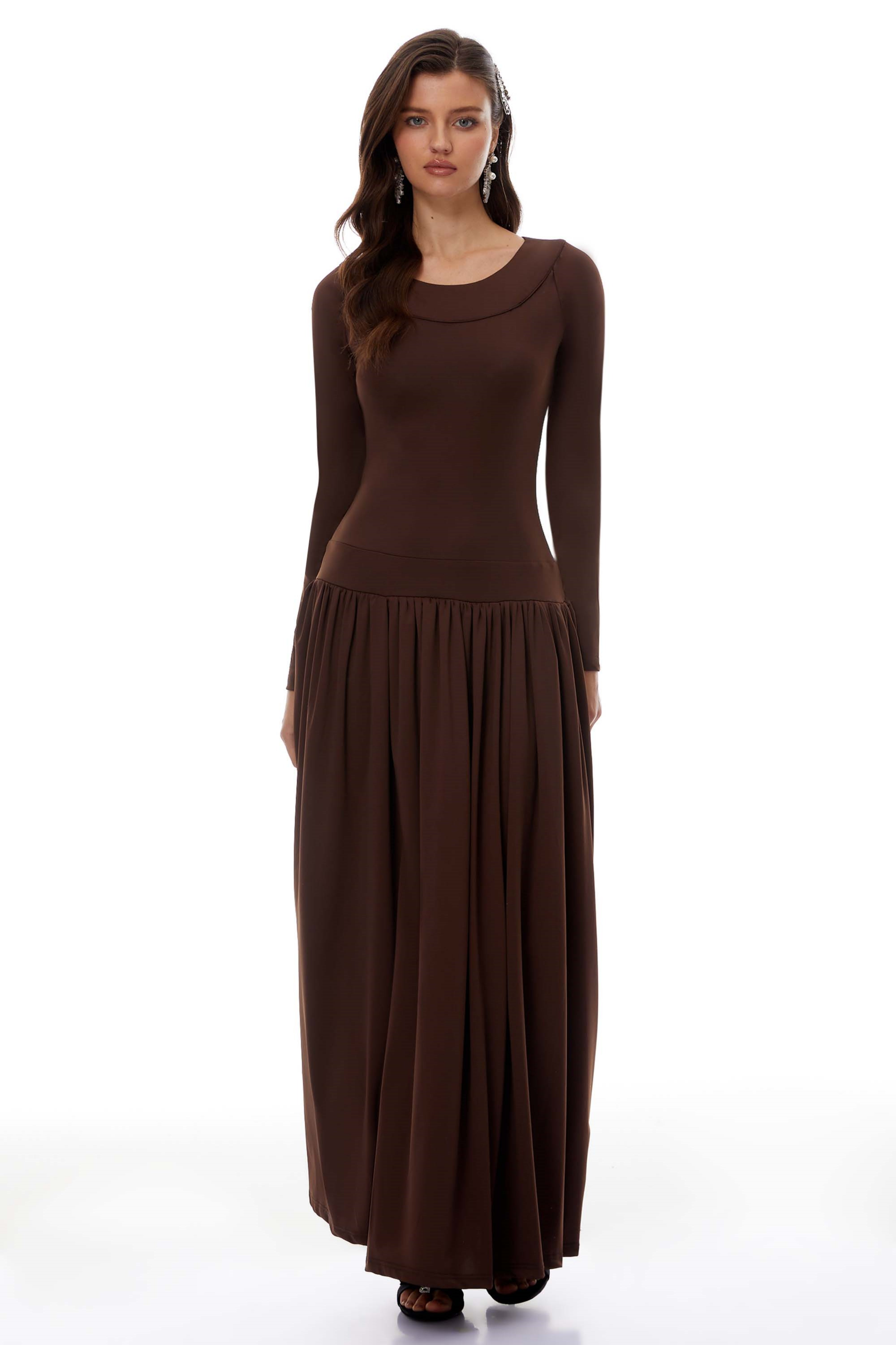 Campagne Brown Open-Back Shirred Maxi Dress