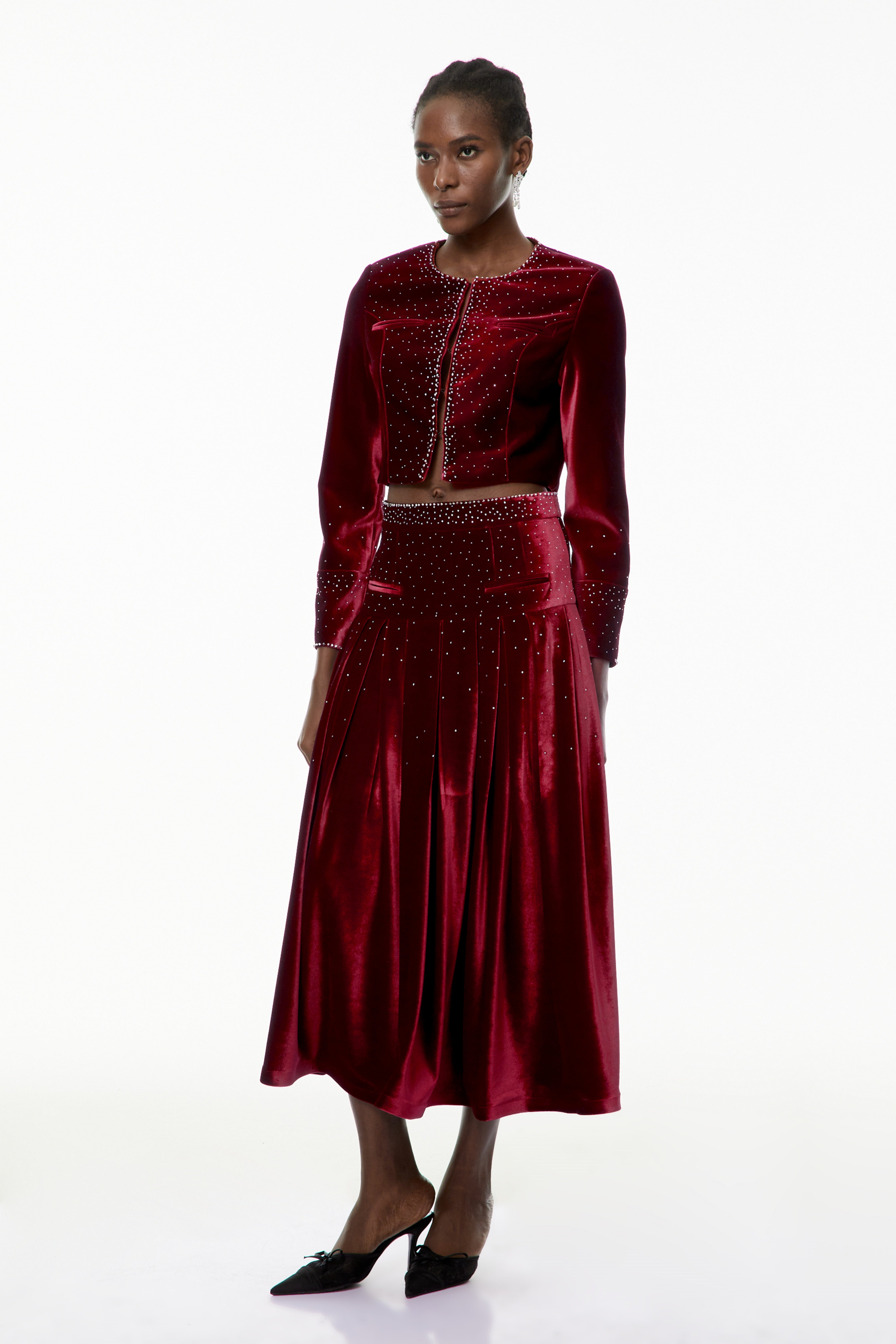 Candela Red Velvet Rhinestone Embellished Jacket & Skirt Set