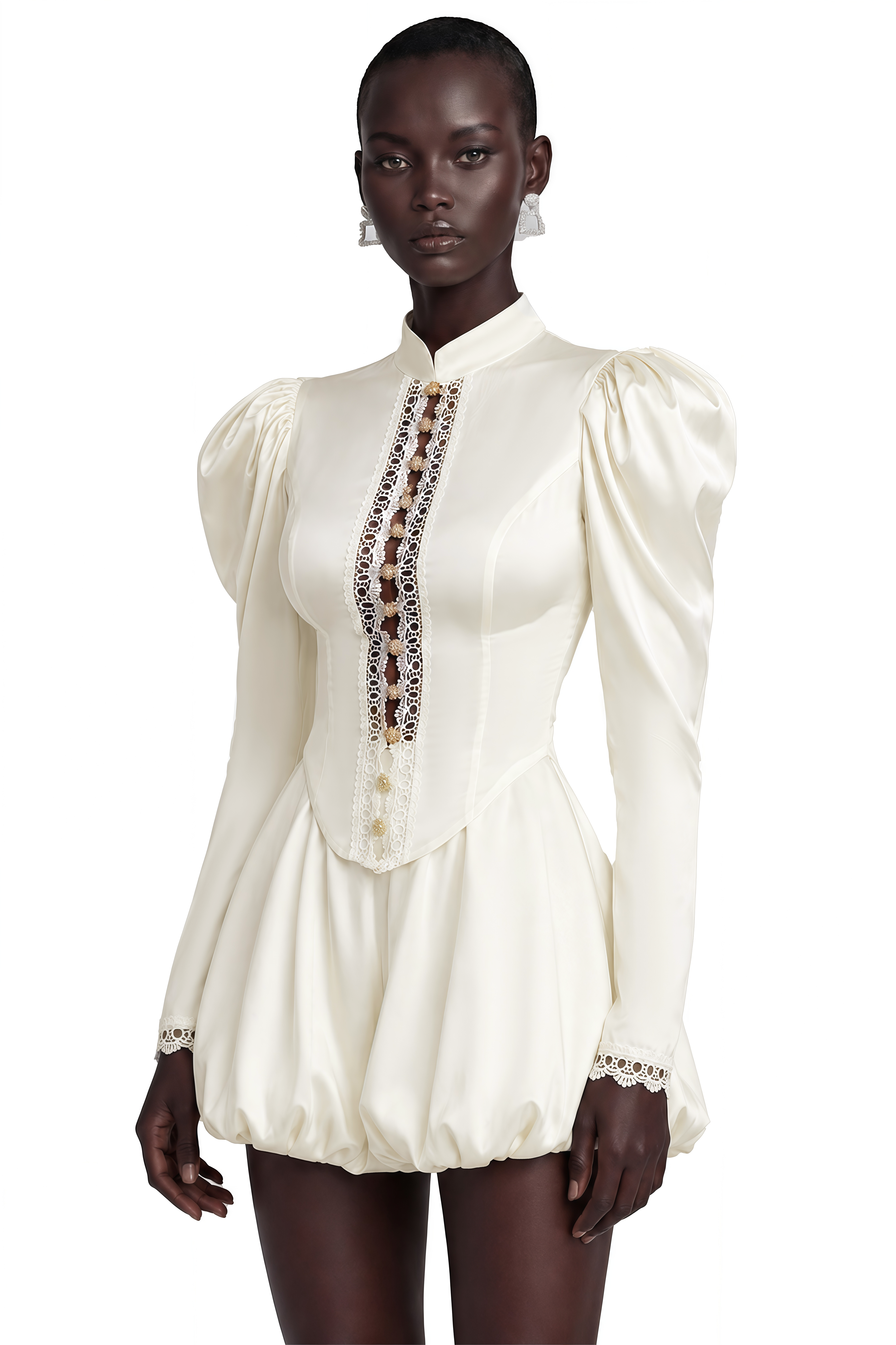 Caoimhe Cream Mock Neck Top & Short Set with Lace Trim
