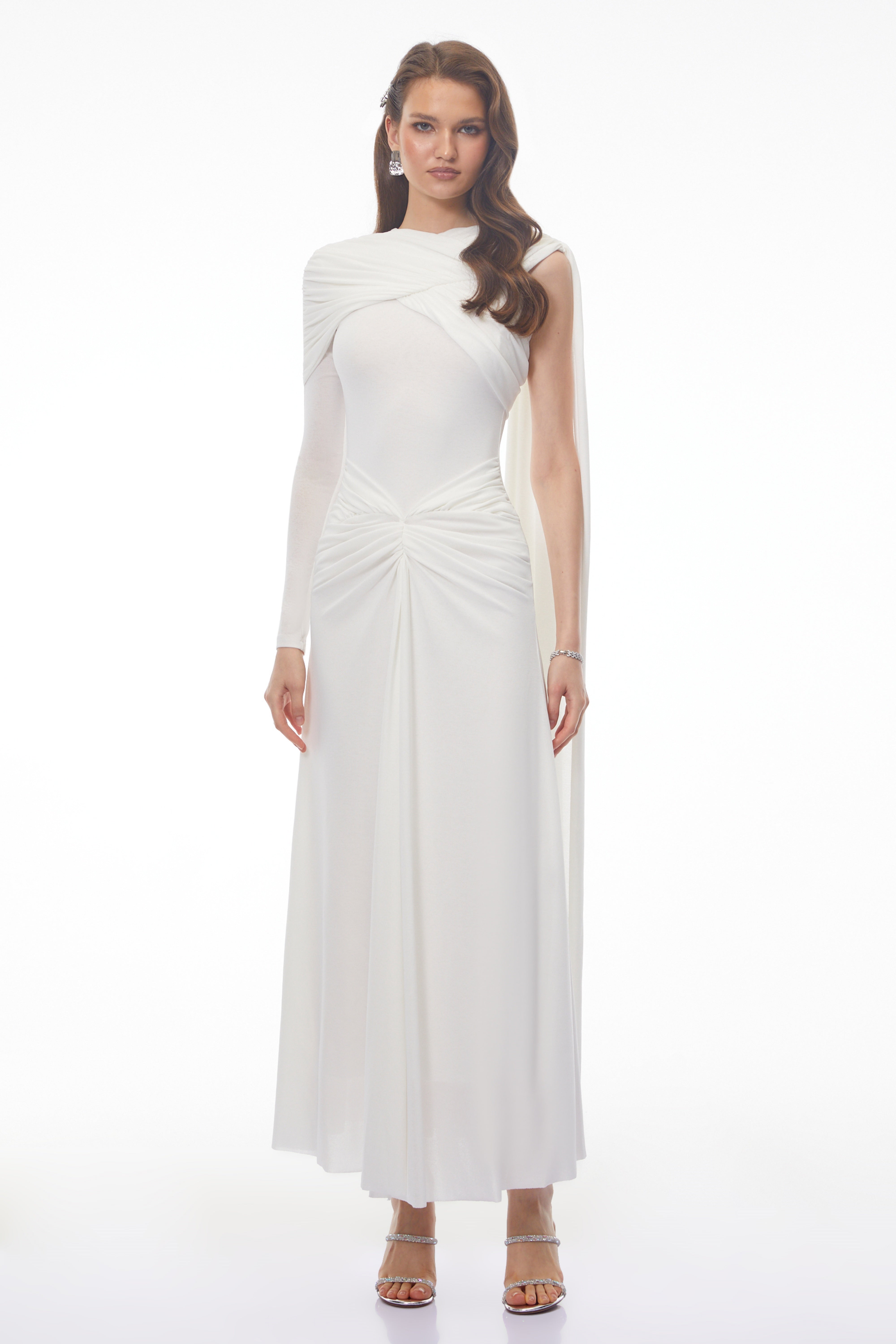 Carina White Asymmetrical Maxi Dress with Cape Sleeves