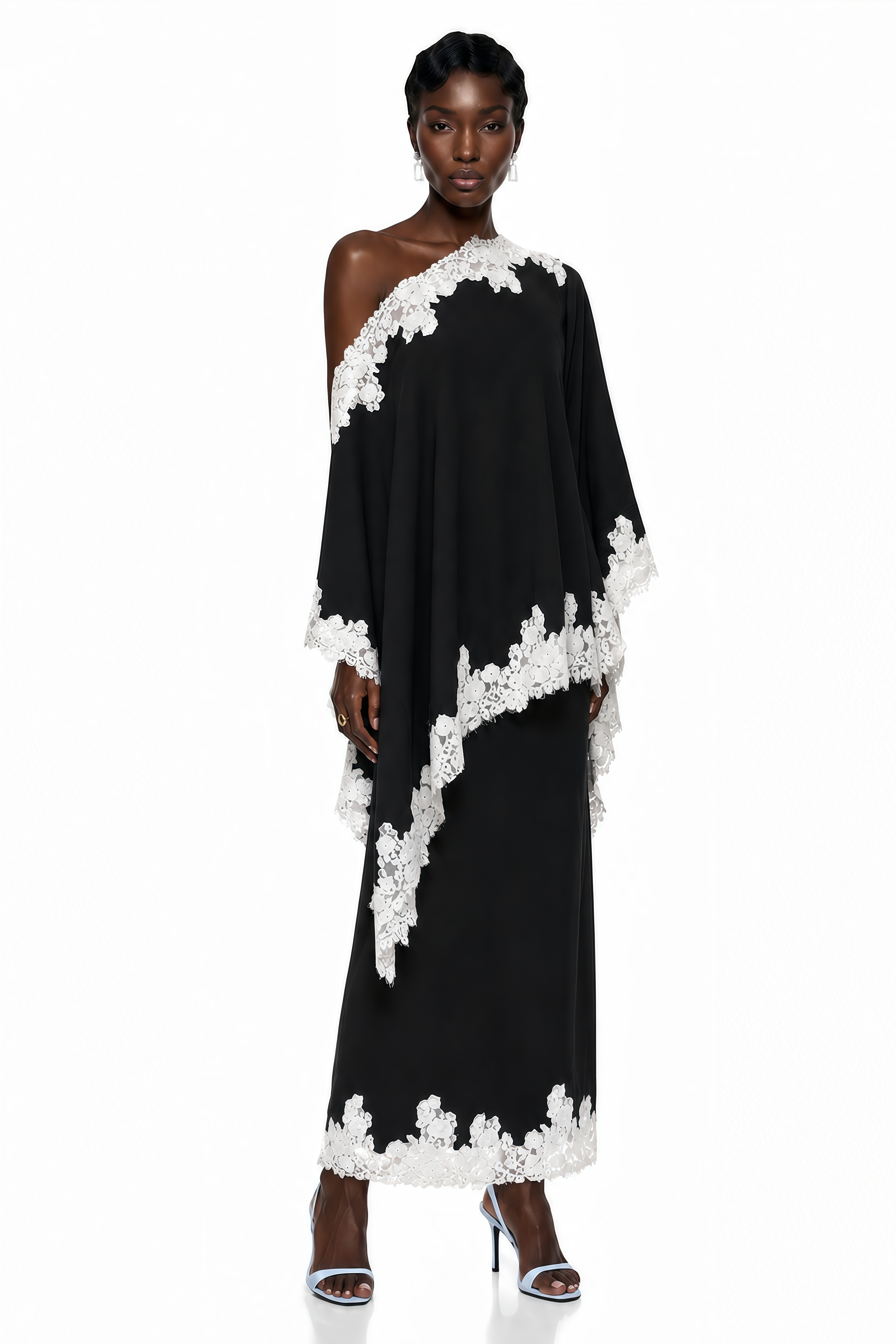 Carlota Black Cape & Skirt Set with Lace Trim