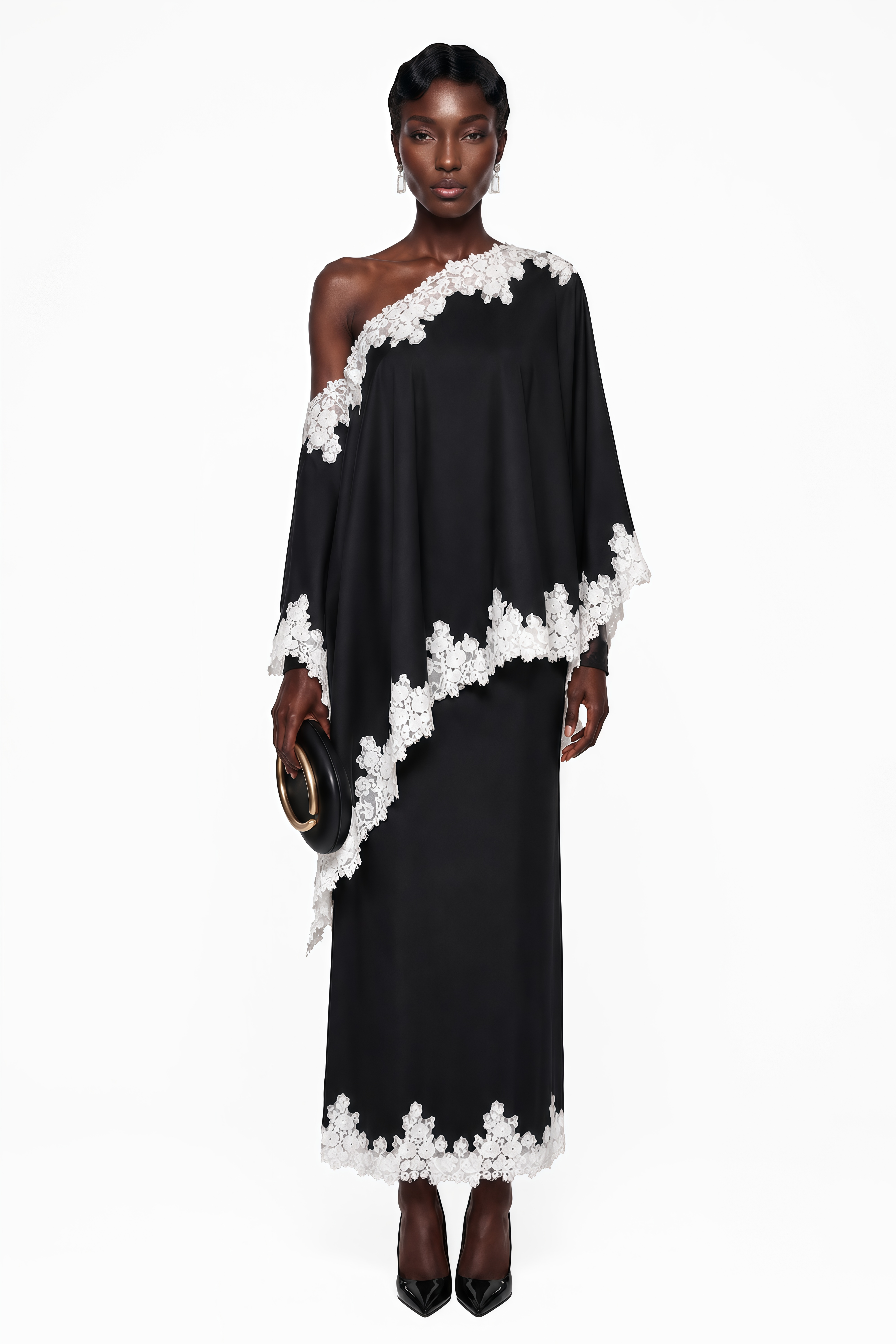 Carlota Black Cape & Skirt Set with Lace Trim