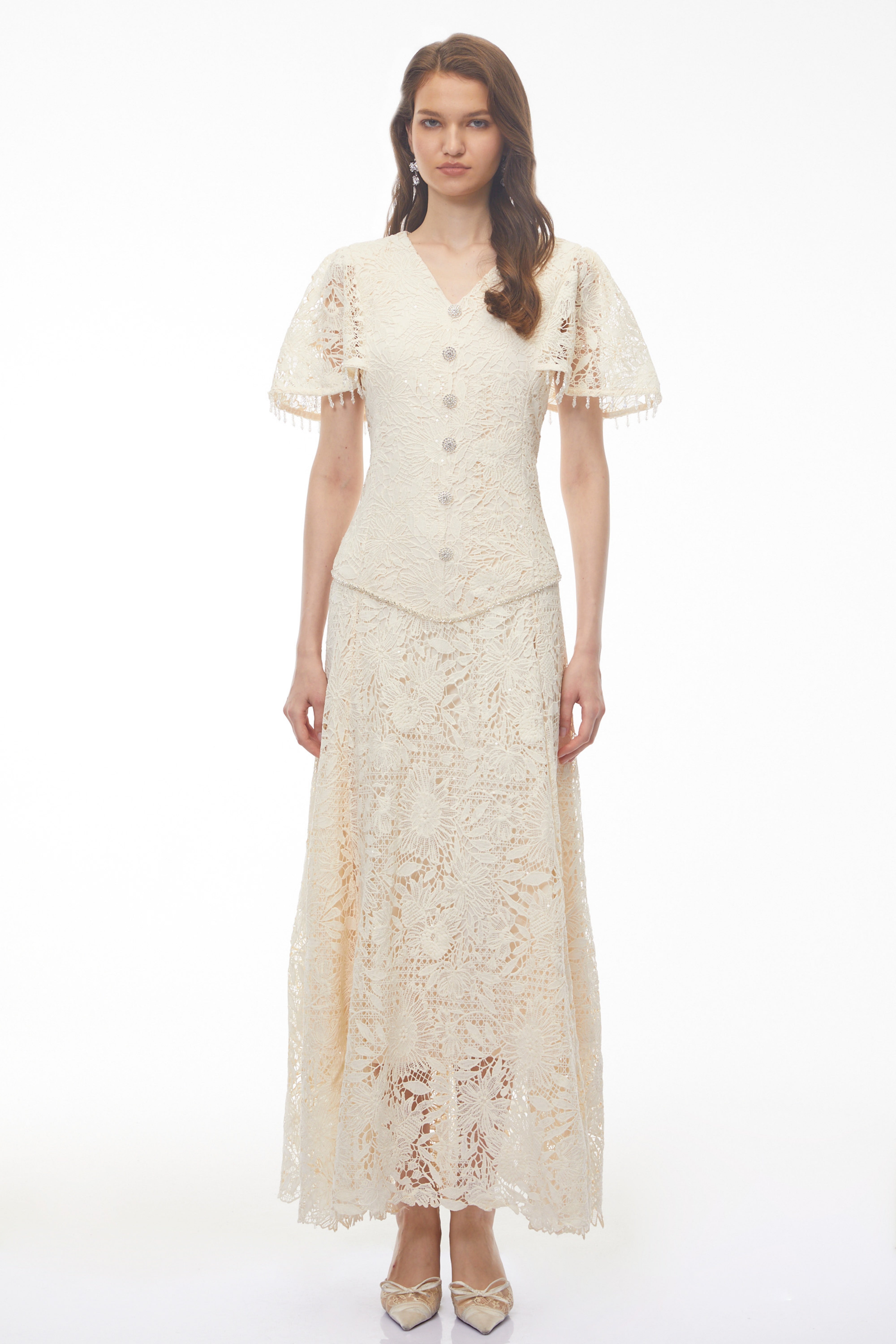 Robe longue en dentelle à fleurs et paillettes blanches Carlota