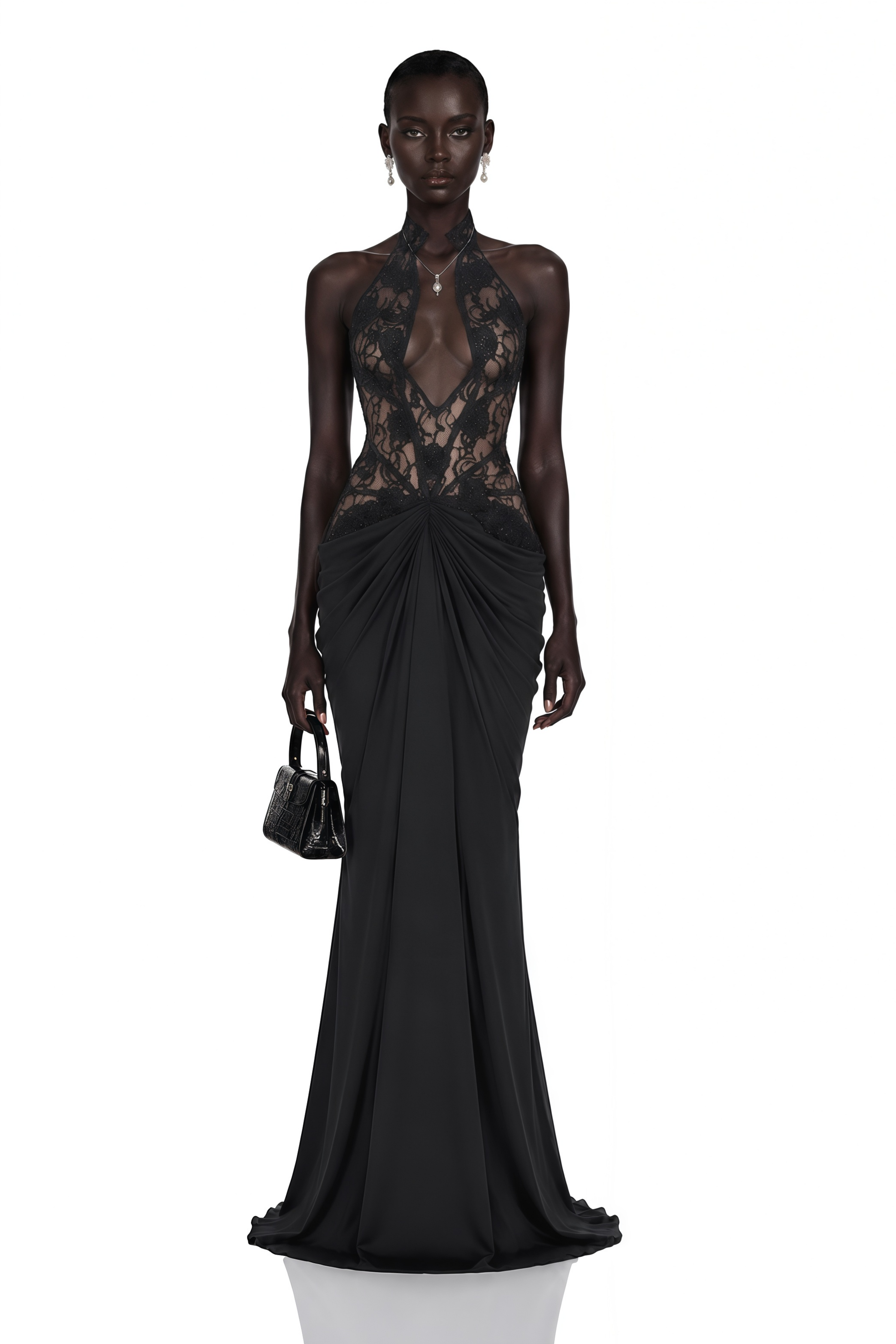Carolina Black Plunge Neck Embellished Ruched Maxi Dress
