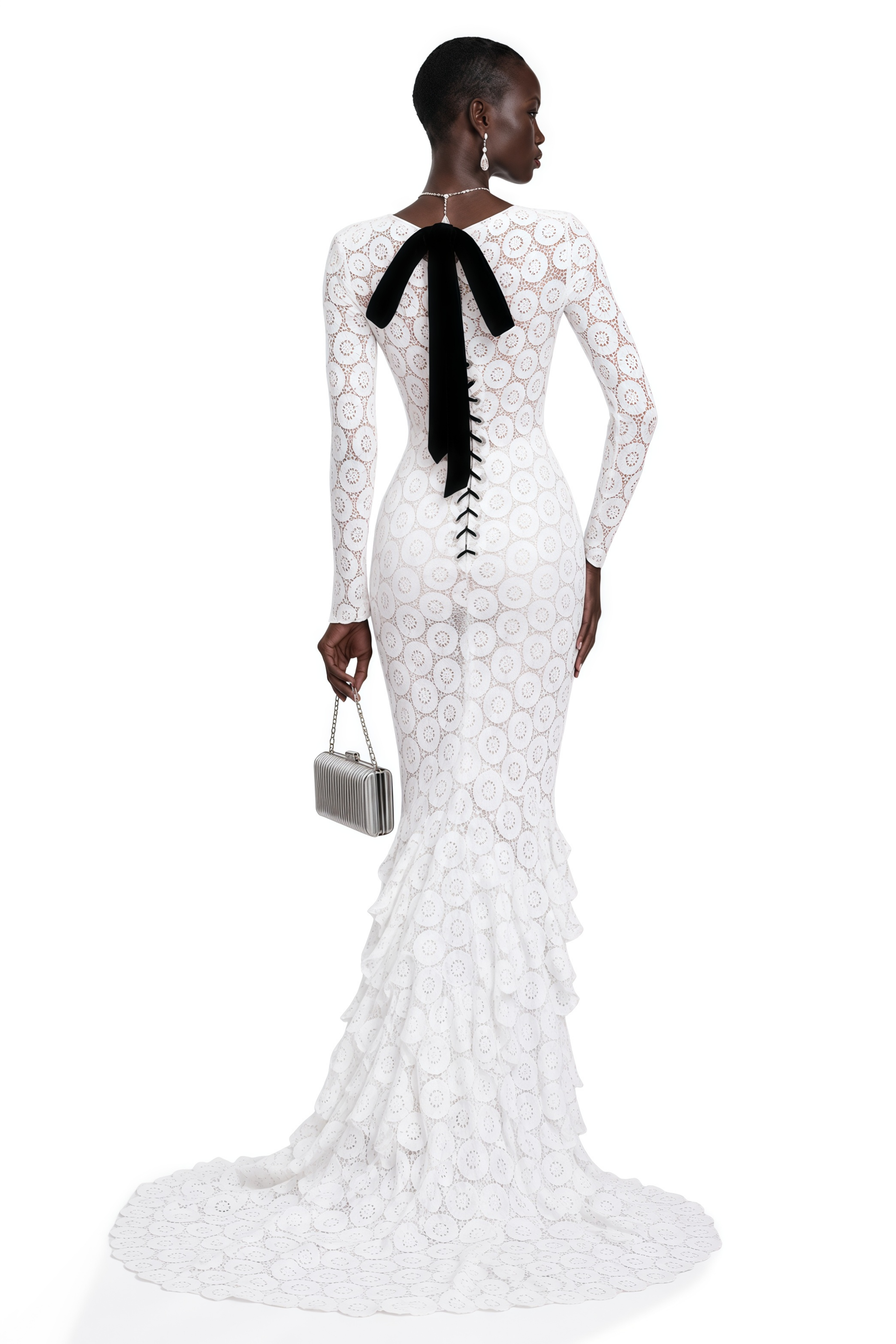 Robe longue moulante en dentelle à col en V Cass White