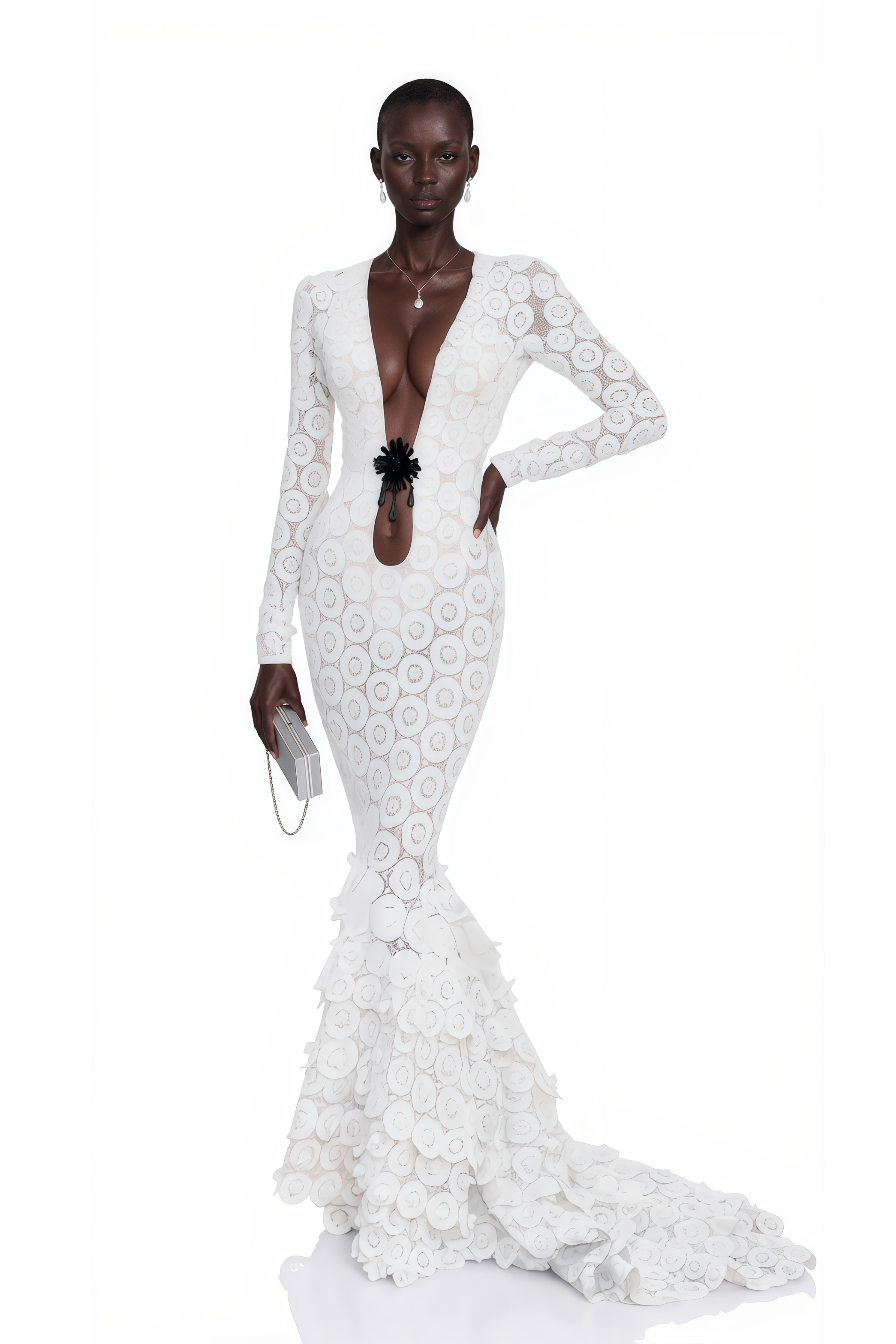 Cass White V-Neck Lace Bodycon Maxi Dress