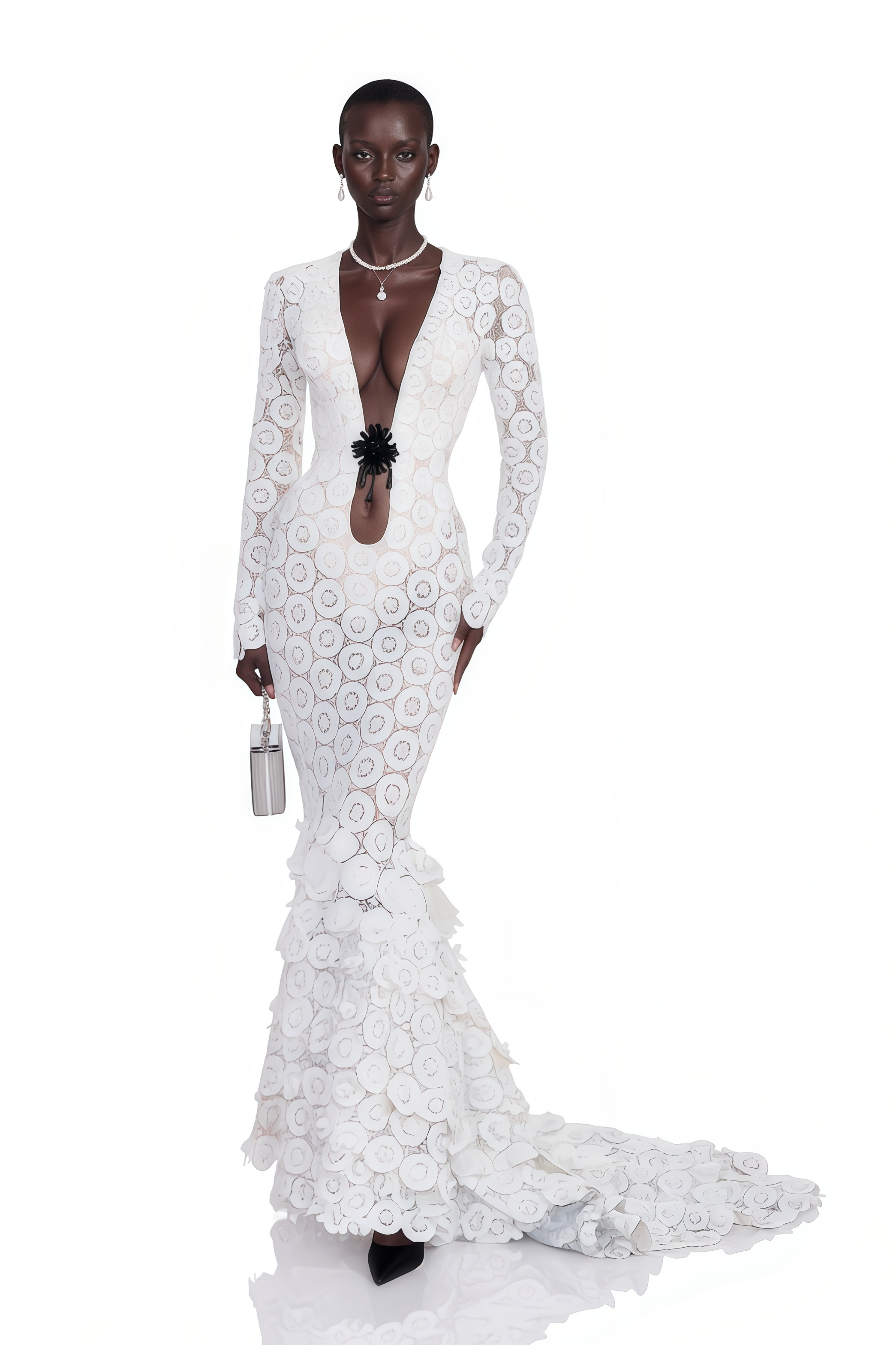 Robe longue moulante en dentelle à col en V Cass White