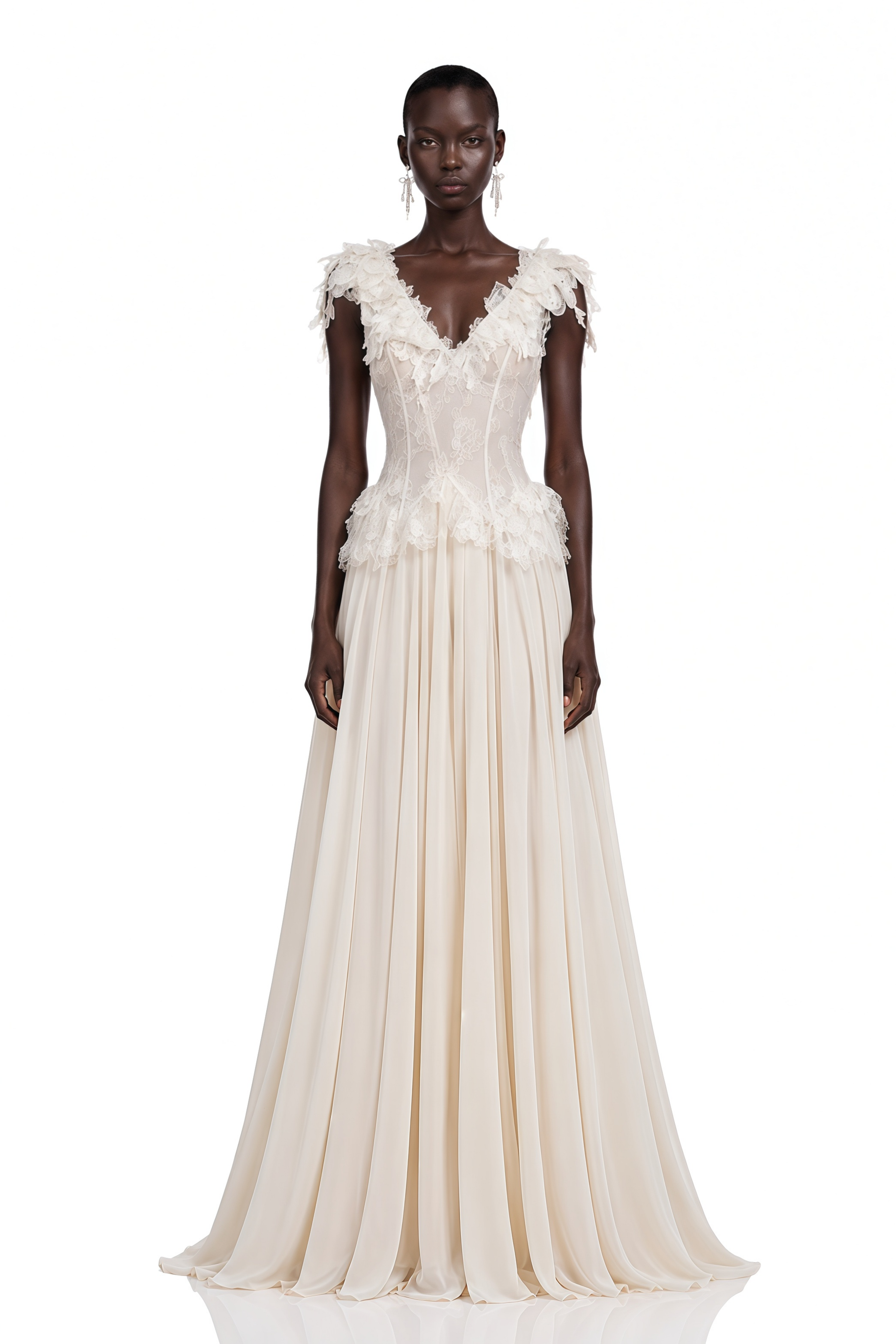 Cassandre Ivory V-Neck Ruffled Maxi Dress with Lace Trim