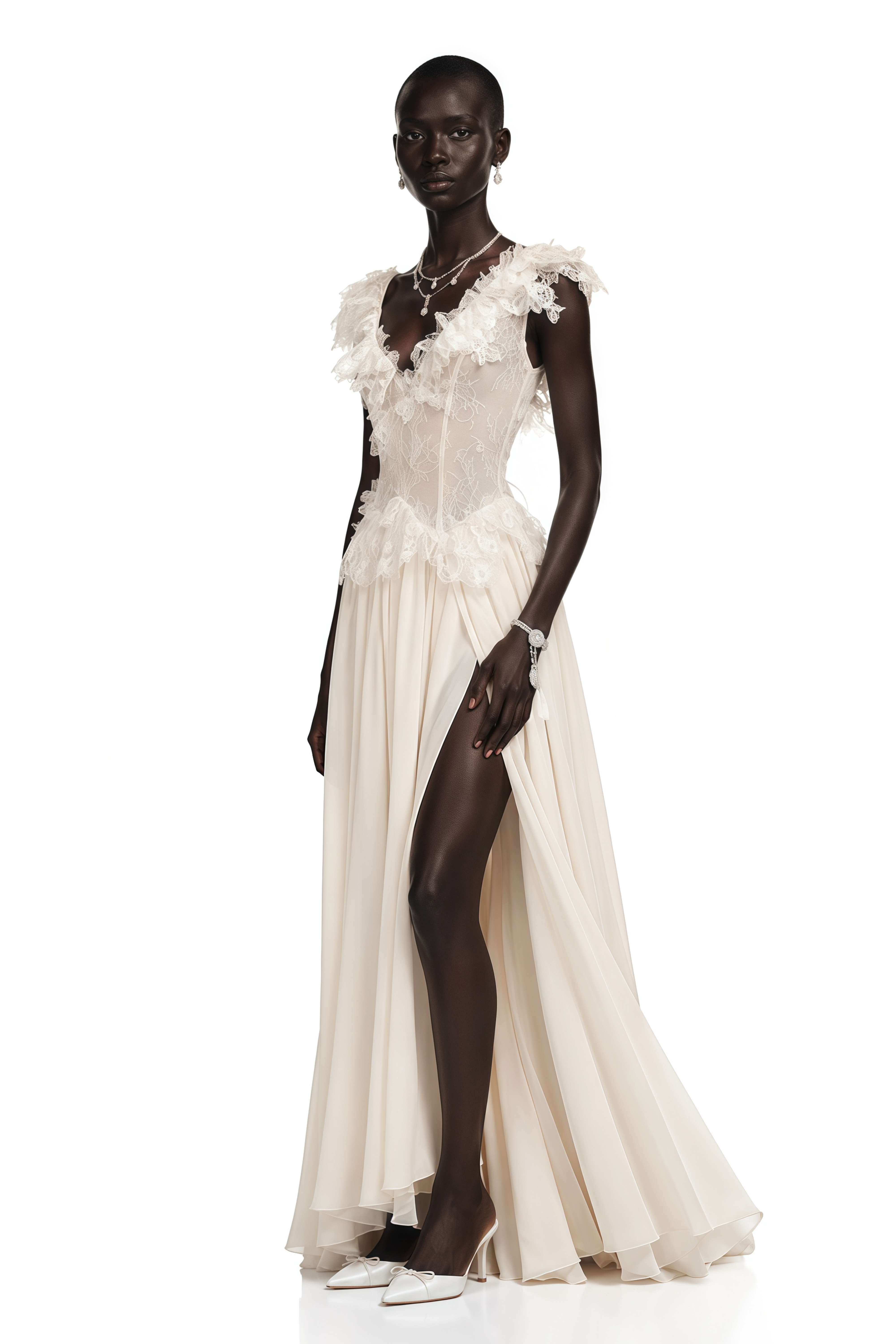 Cassandre Ivory V-Neck Ruffled Maxi Dress with Lace Trim
