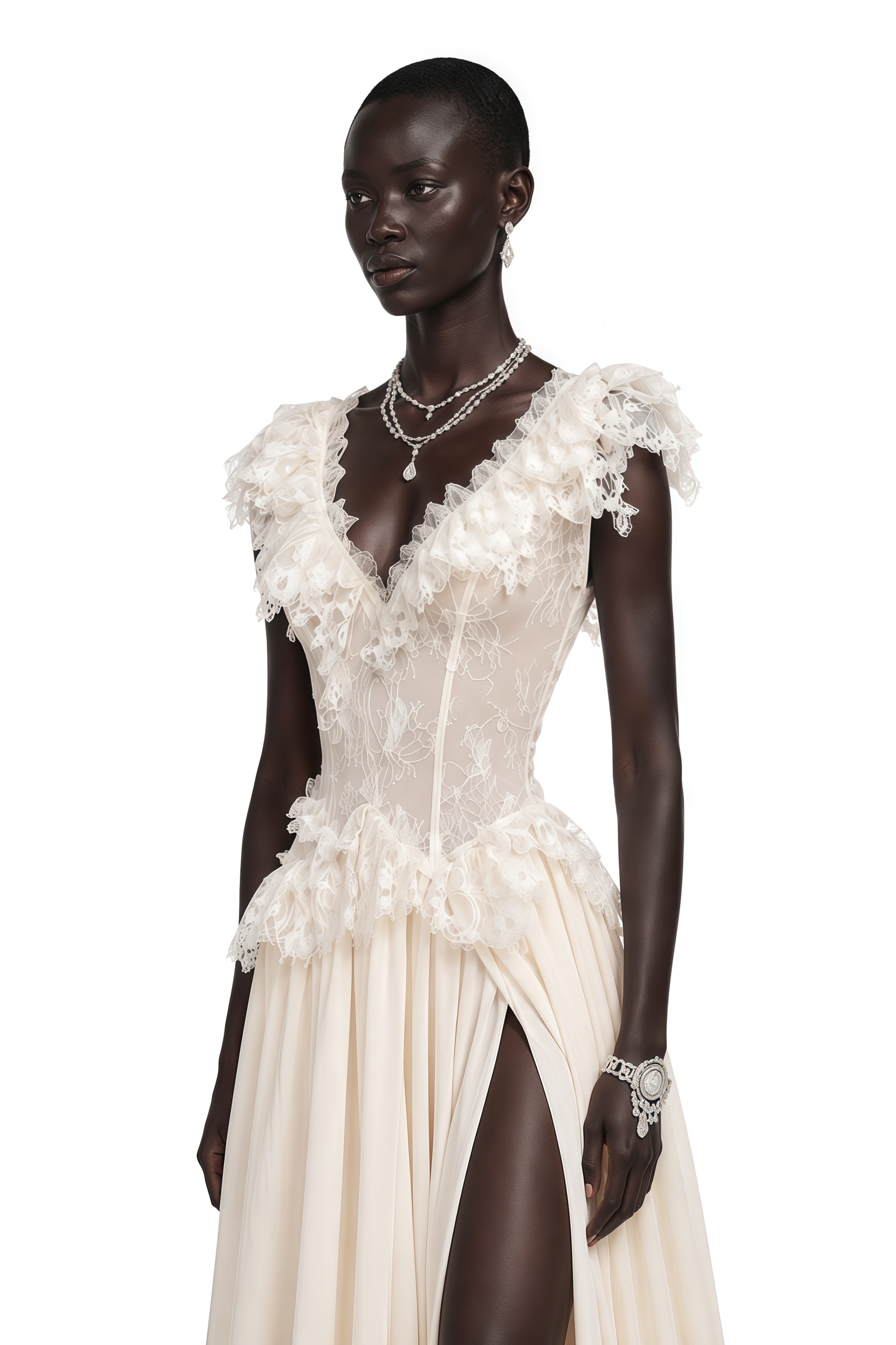 Cassandre Ivory V-Neck Ruffled Maxi Dress with Lace Trim