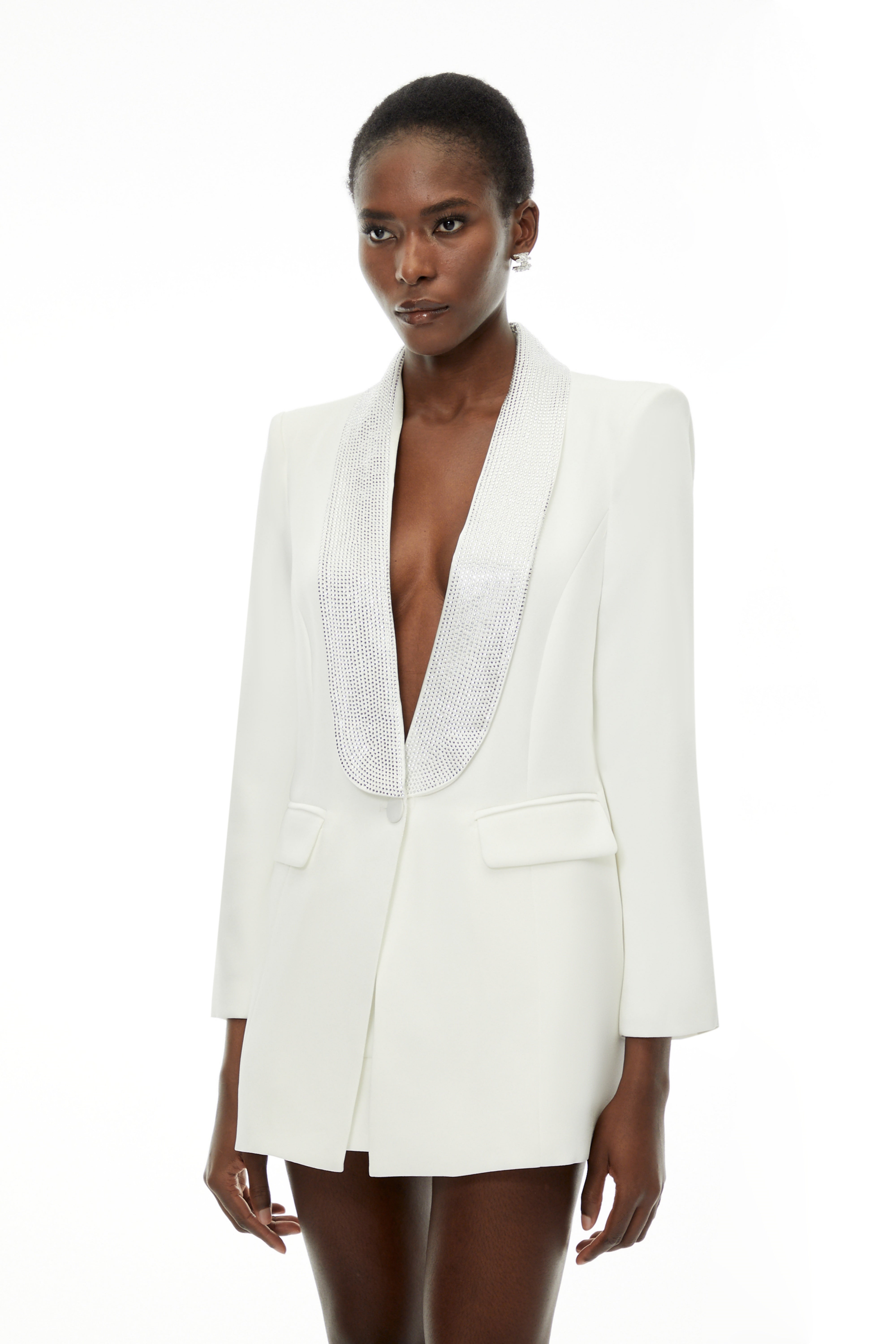 Caterina White Plunge Neck Embellished Blazer