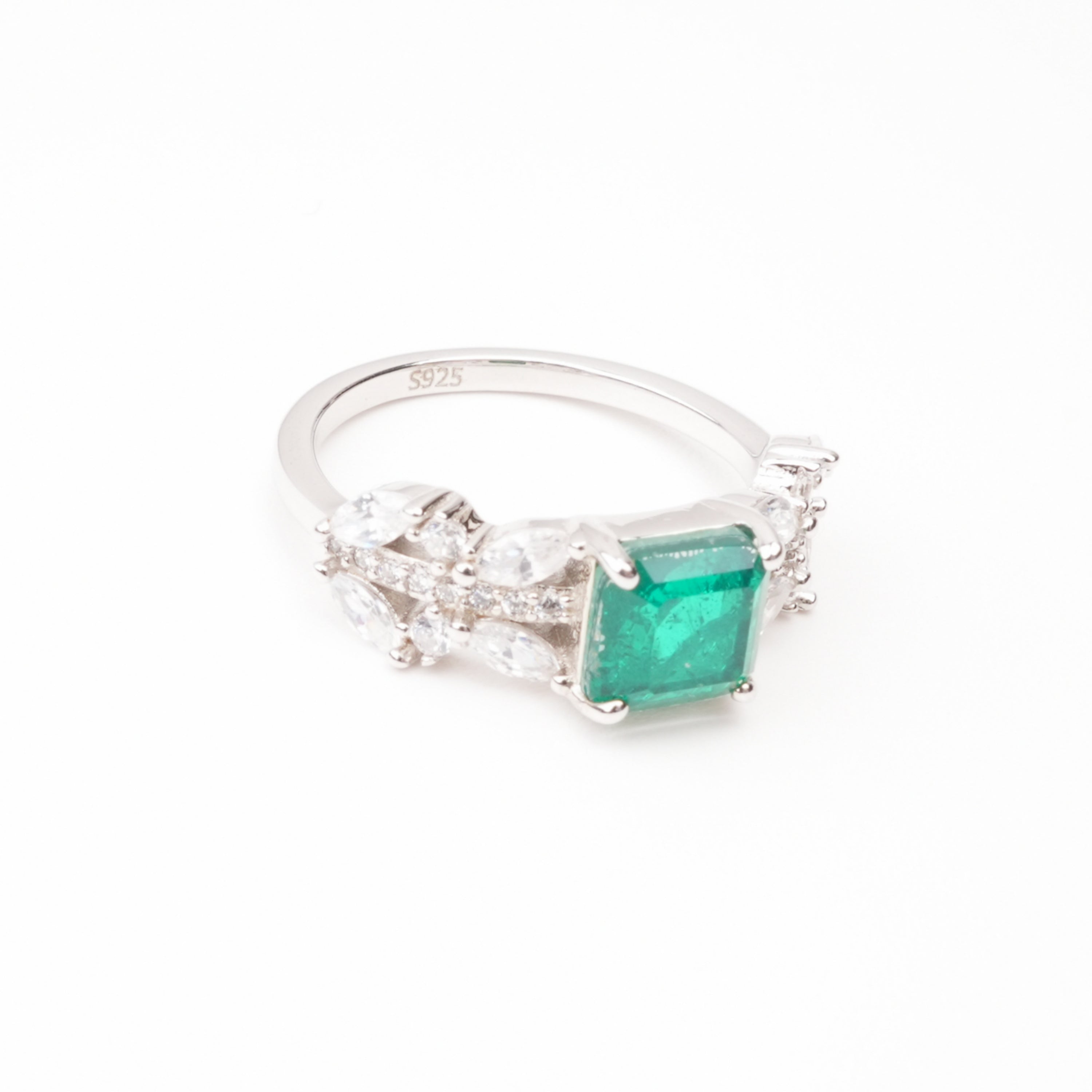 Catherine Emerald Green Square Cut Marquise Floral Crystal Sterling Silver Ring