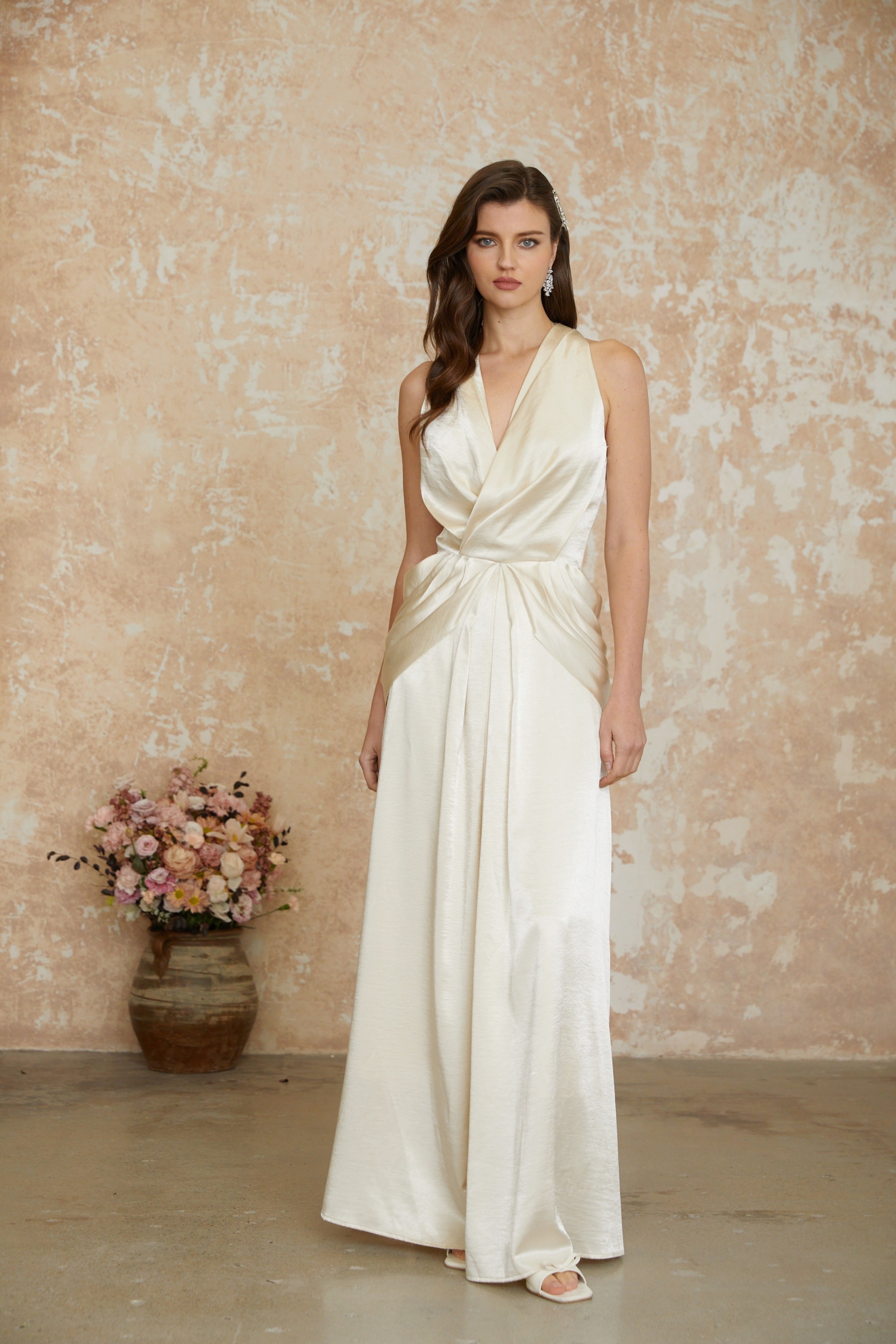 Cathmore Champagne Halterneck Draped Maxi Dress