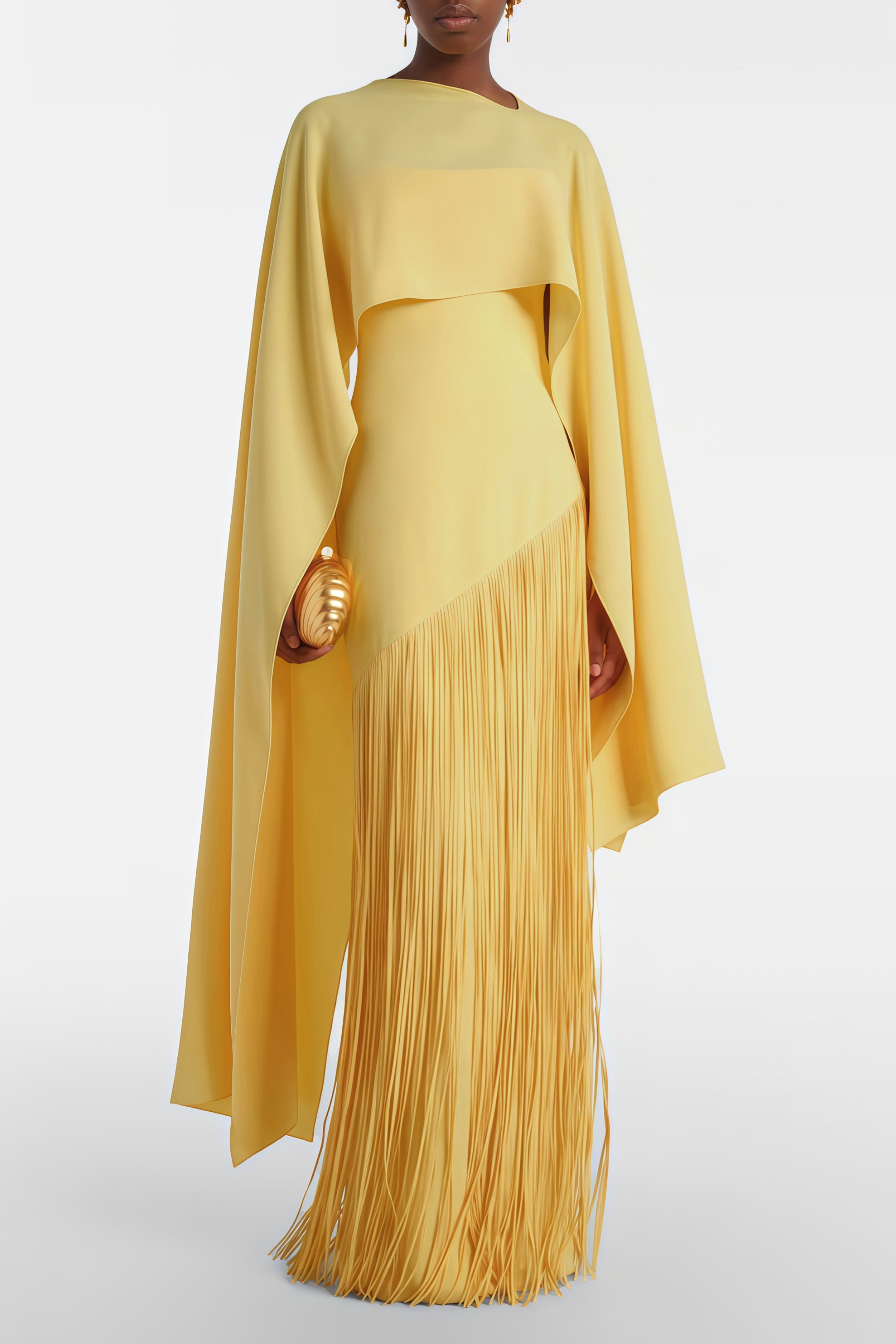 Yellow Fringed Caped Gown
