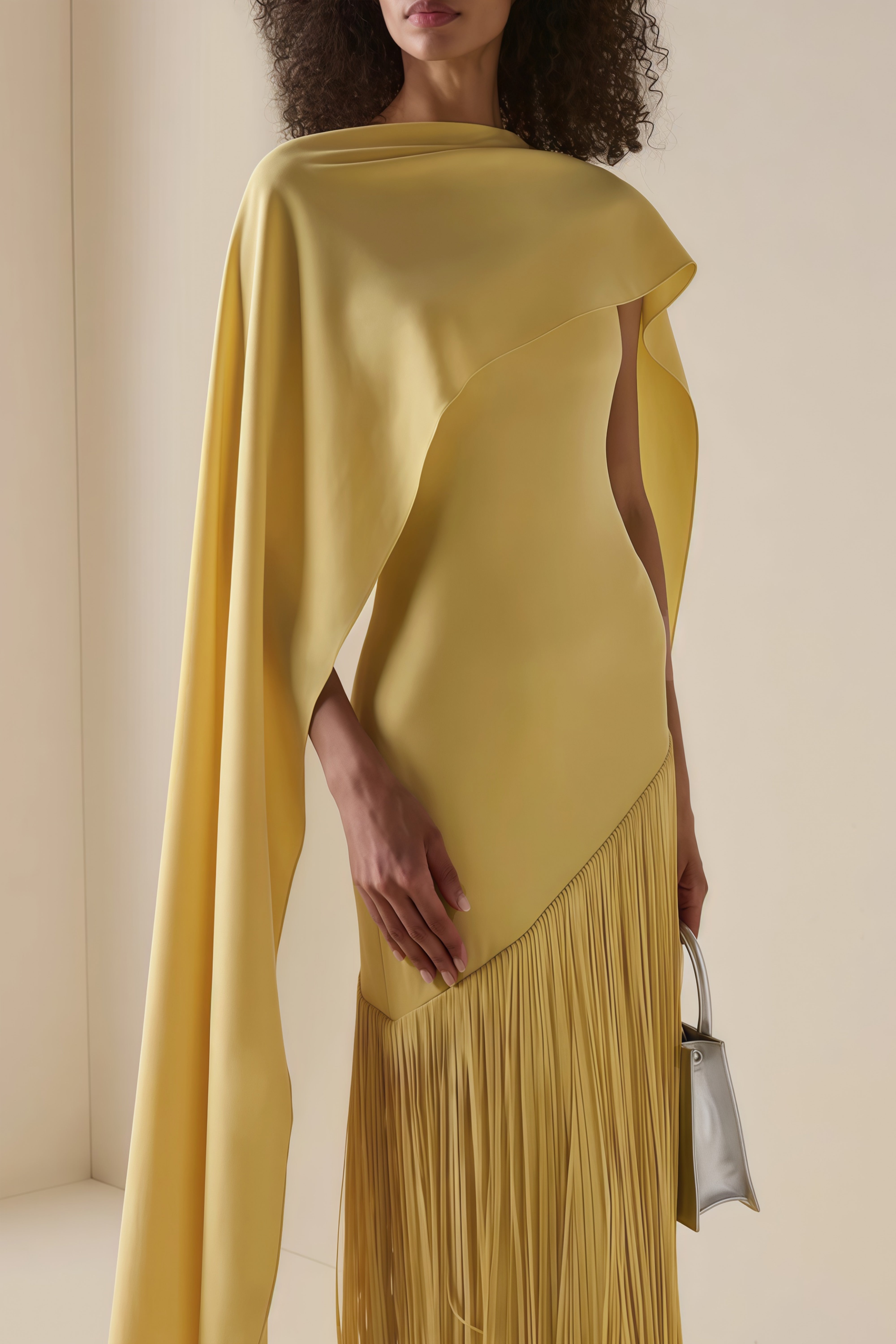Yellow Fringed Caped Gown