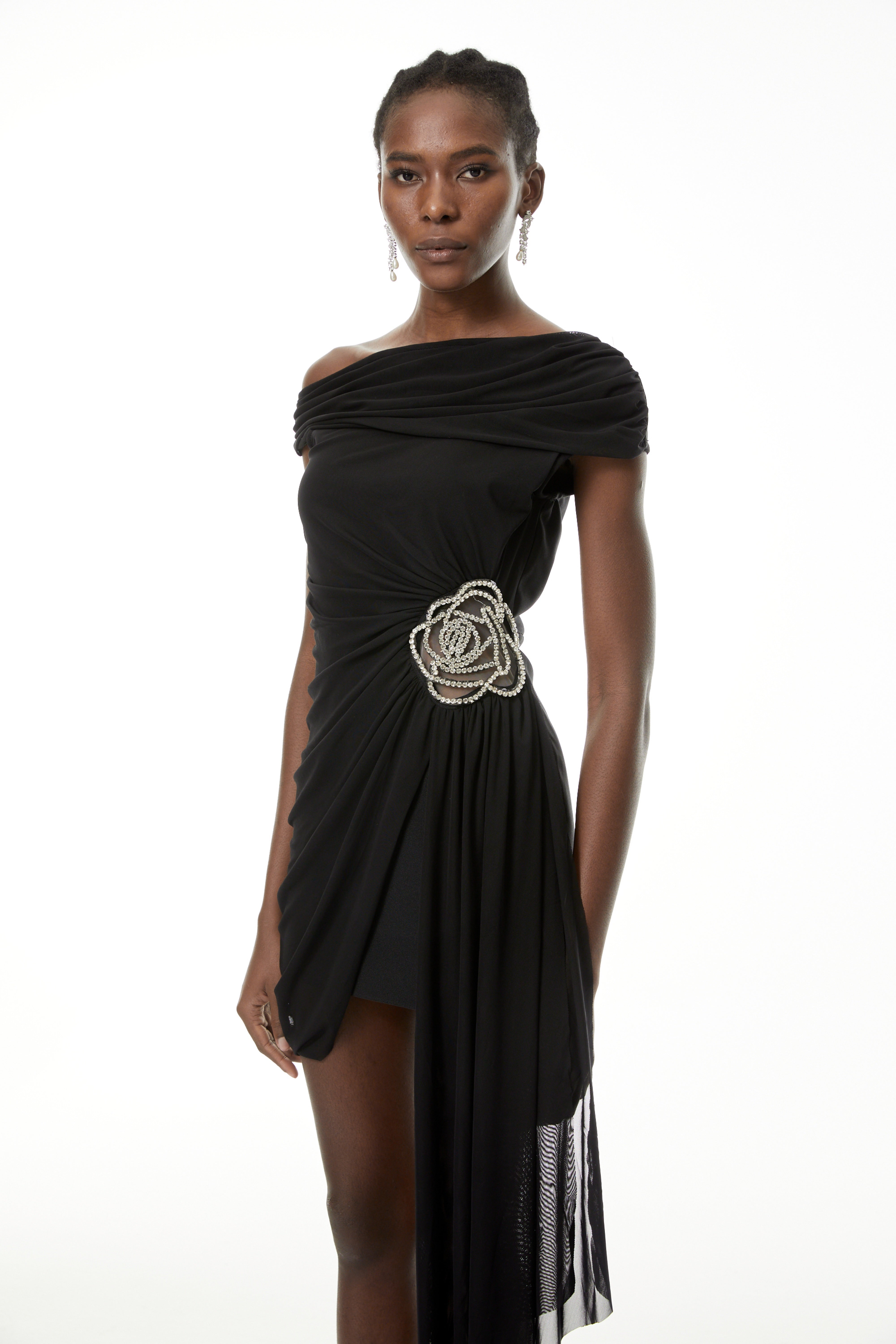 Cecil Black Rhinestone Floral Ruched Mini Dress