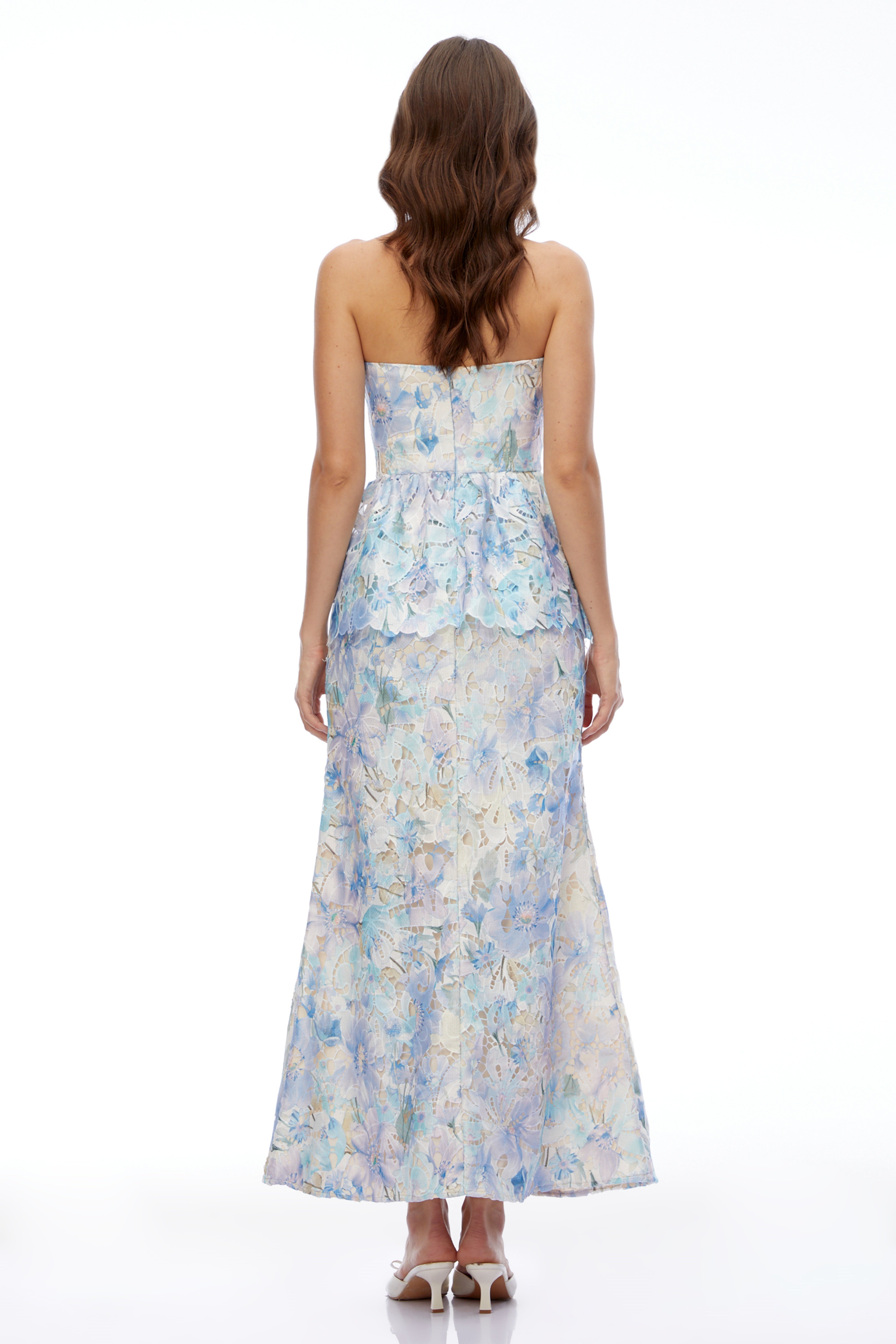 Celeste Blue Floral Strapless Peplum Maxi Dress