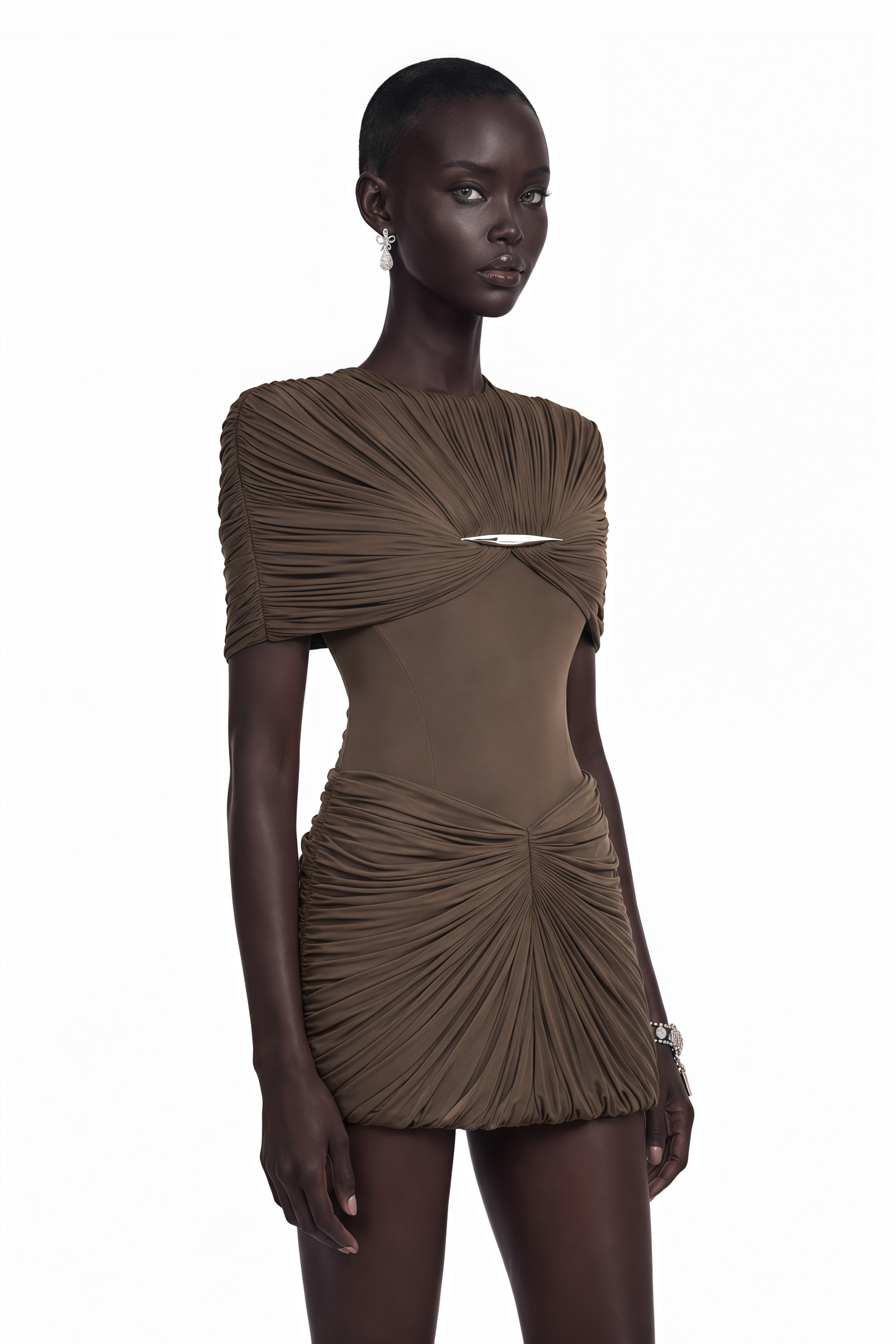Celeste Chocolate Brown Pleated Cape Mini Dress