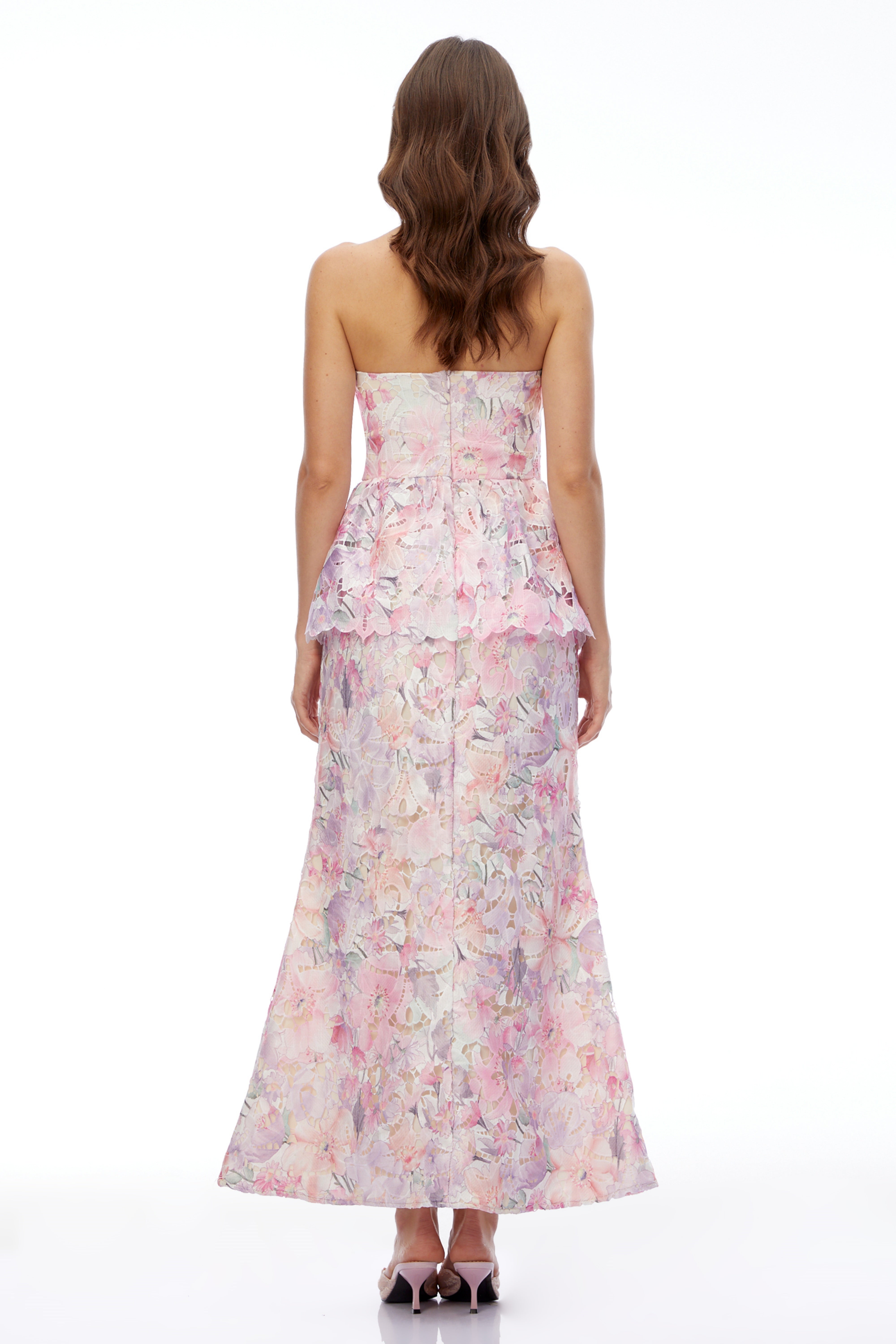 Céleste Pink Floral Strapless Peplum Maxi Dress