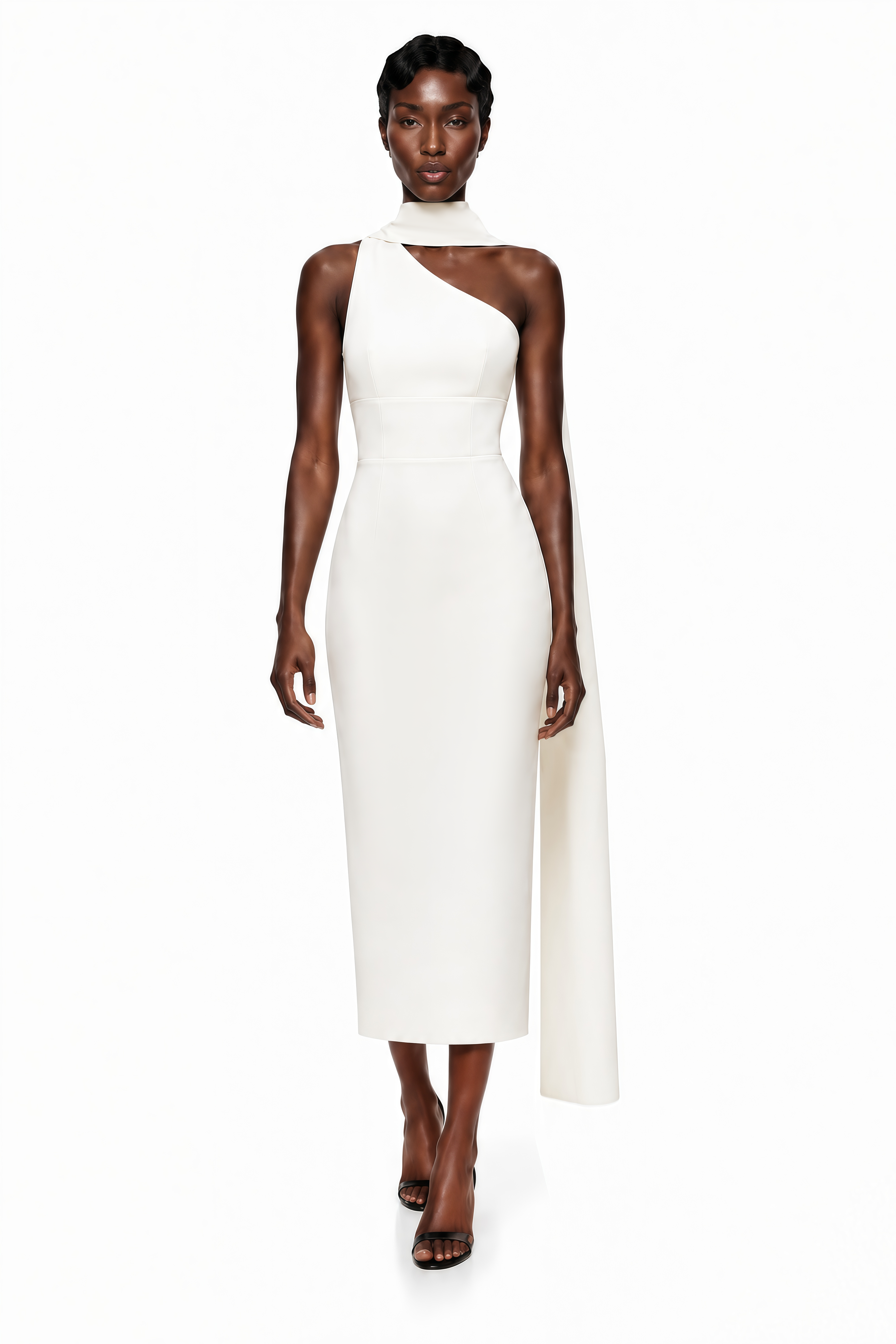 Cennet White One Shoulder Midi Dress with Cape