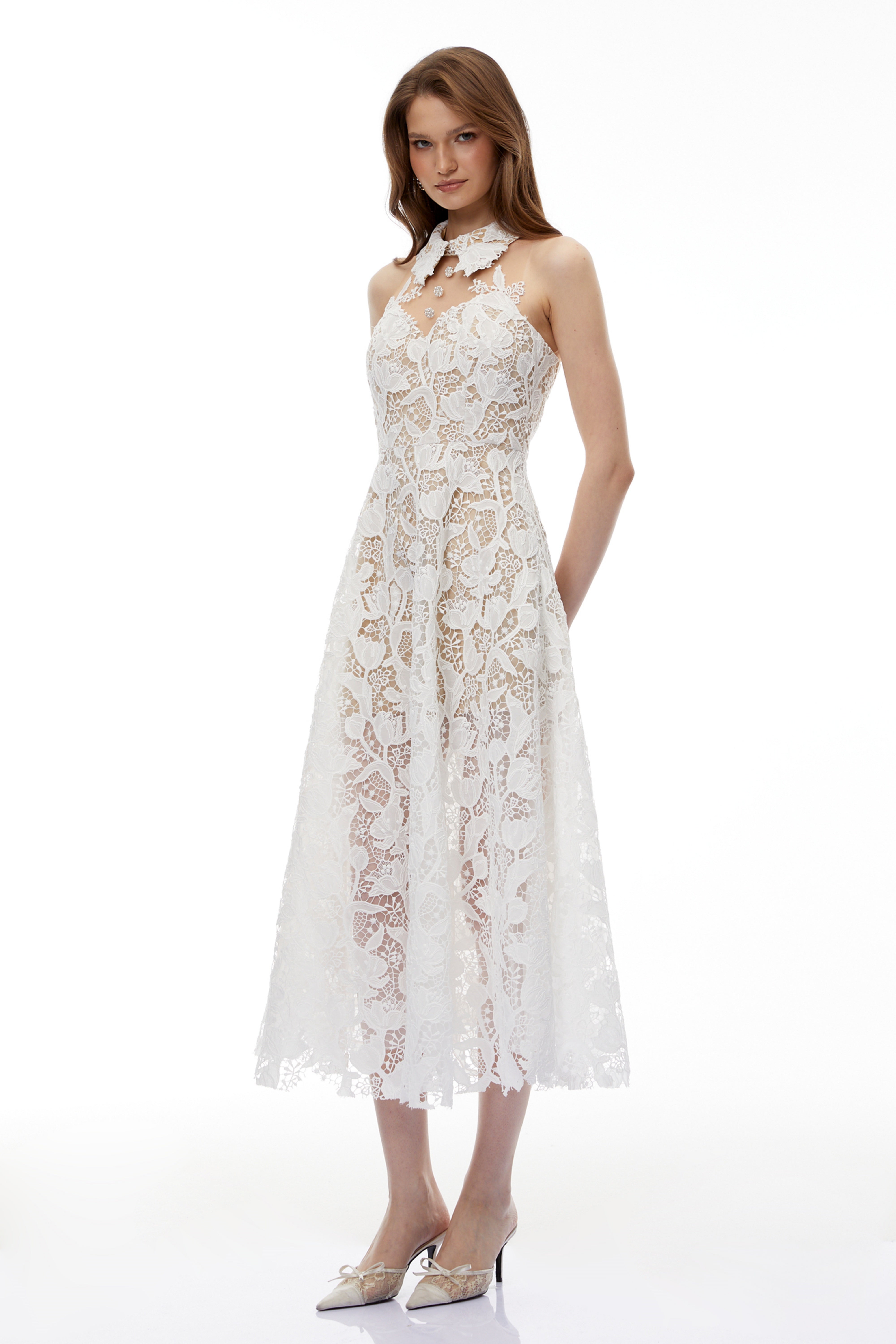 Chakame White Floral Lace Midi Dress