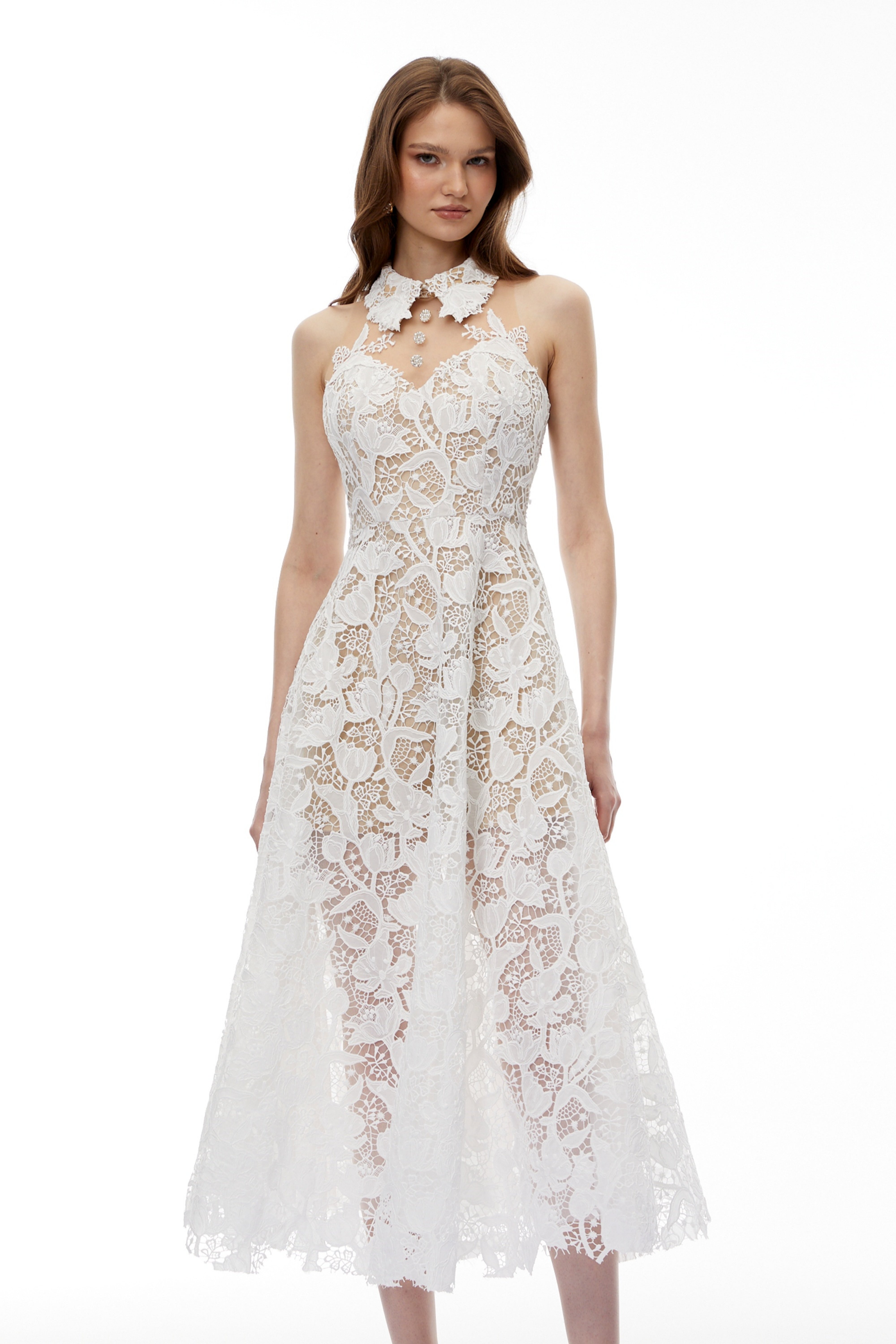 Chakame White Floral Lace Midi Dress
