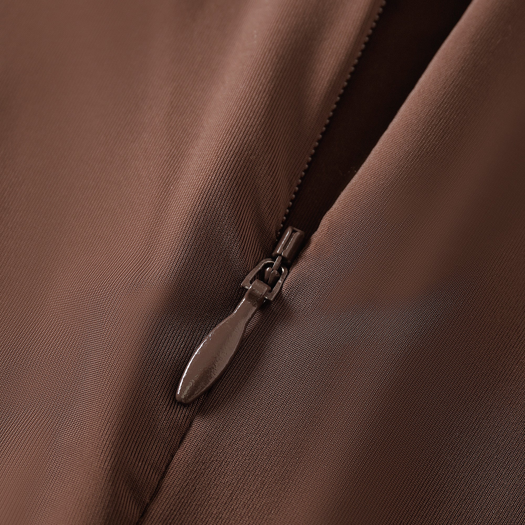 Brown turtleneck long-sleeved midi dress with a ruched skirt