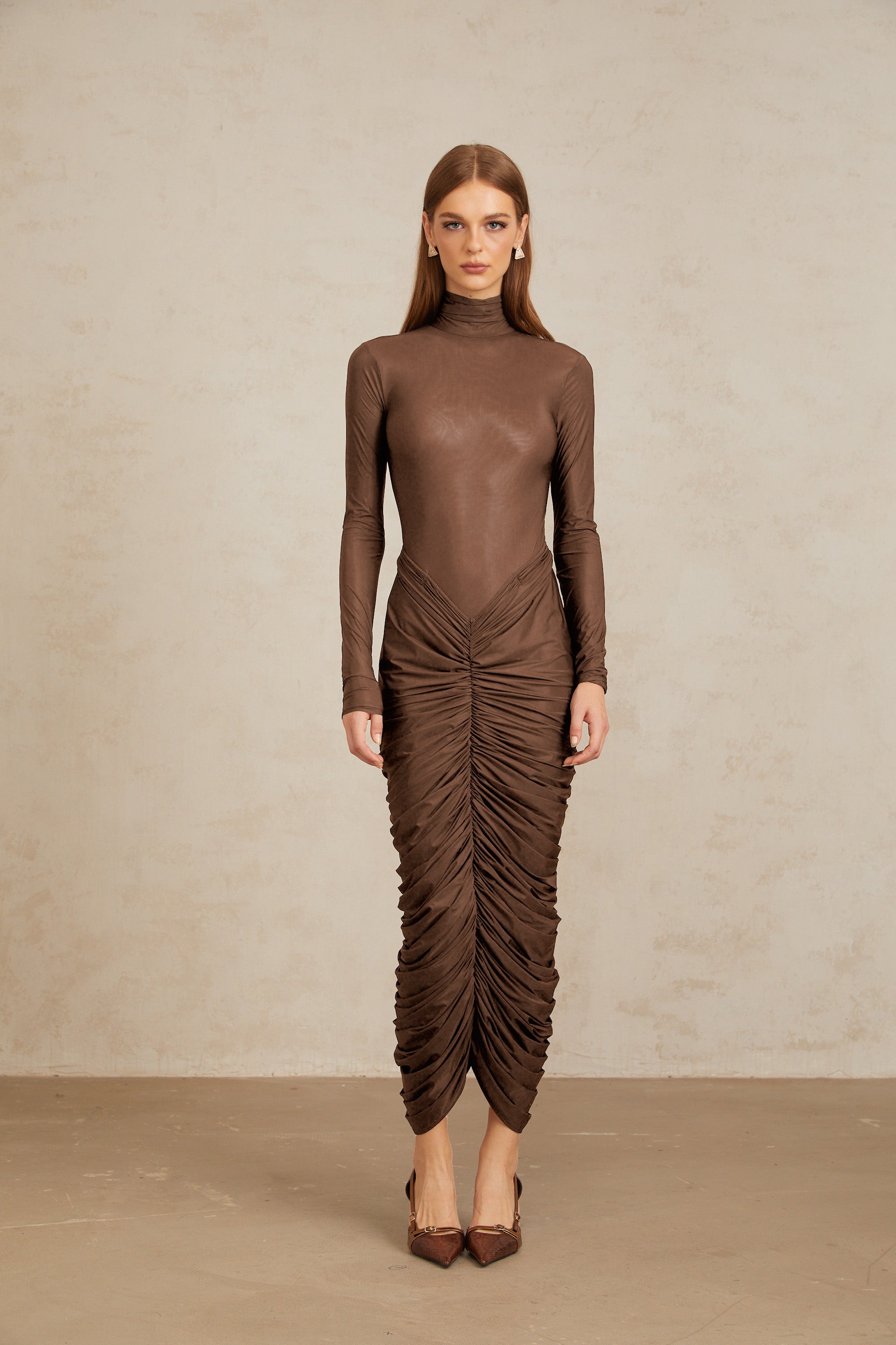 Brown turtleneck long-sleeved midi dress with a ruched skirt