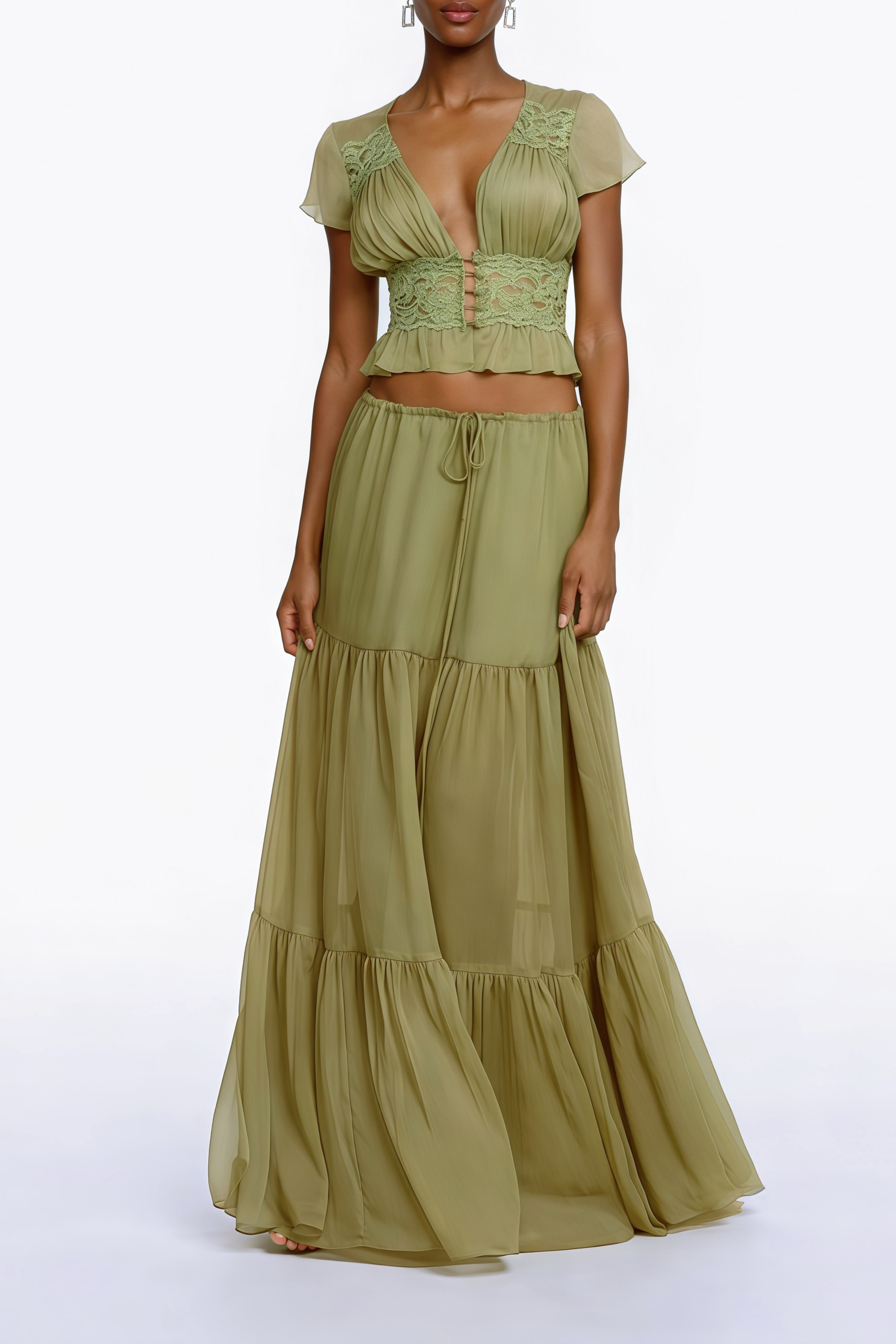 Pleiade Green Floral Lace Chiffon Top & Skirt Set