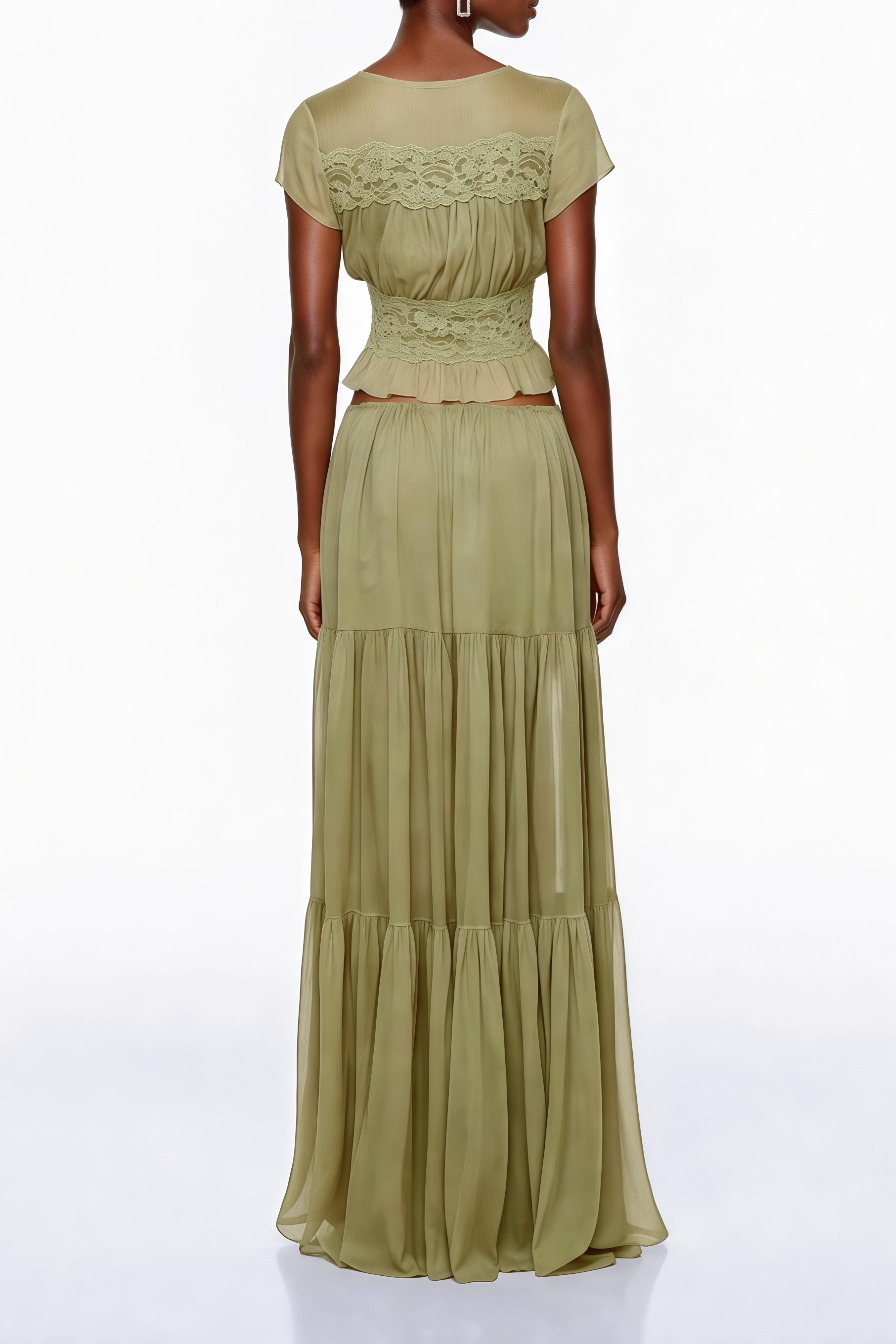 Pleiade Green Floral Lace Chiffon Top & Skirt Set