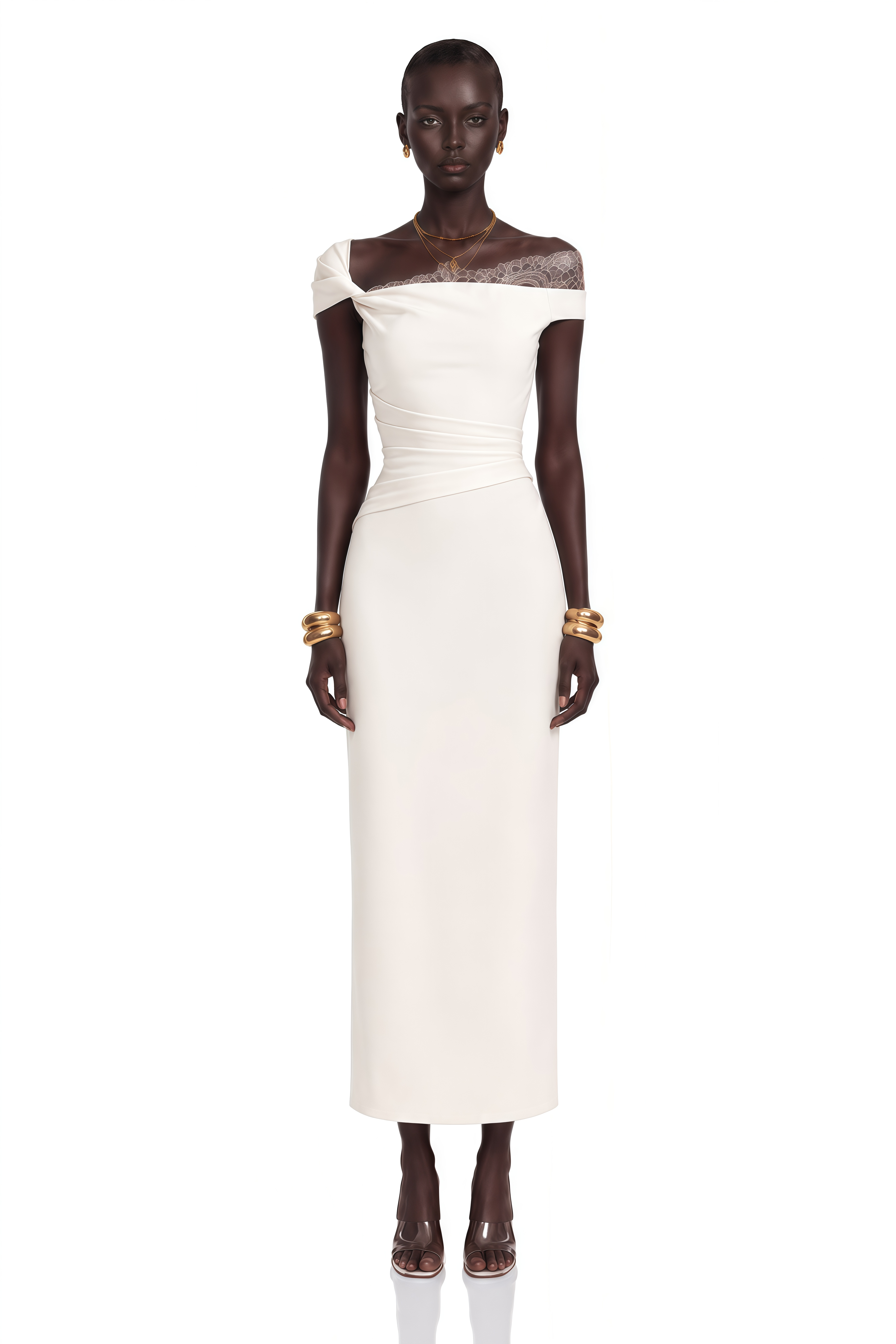 Roshanak White One Shoulder Midi Dress with Lace Panels