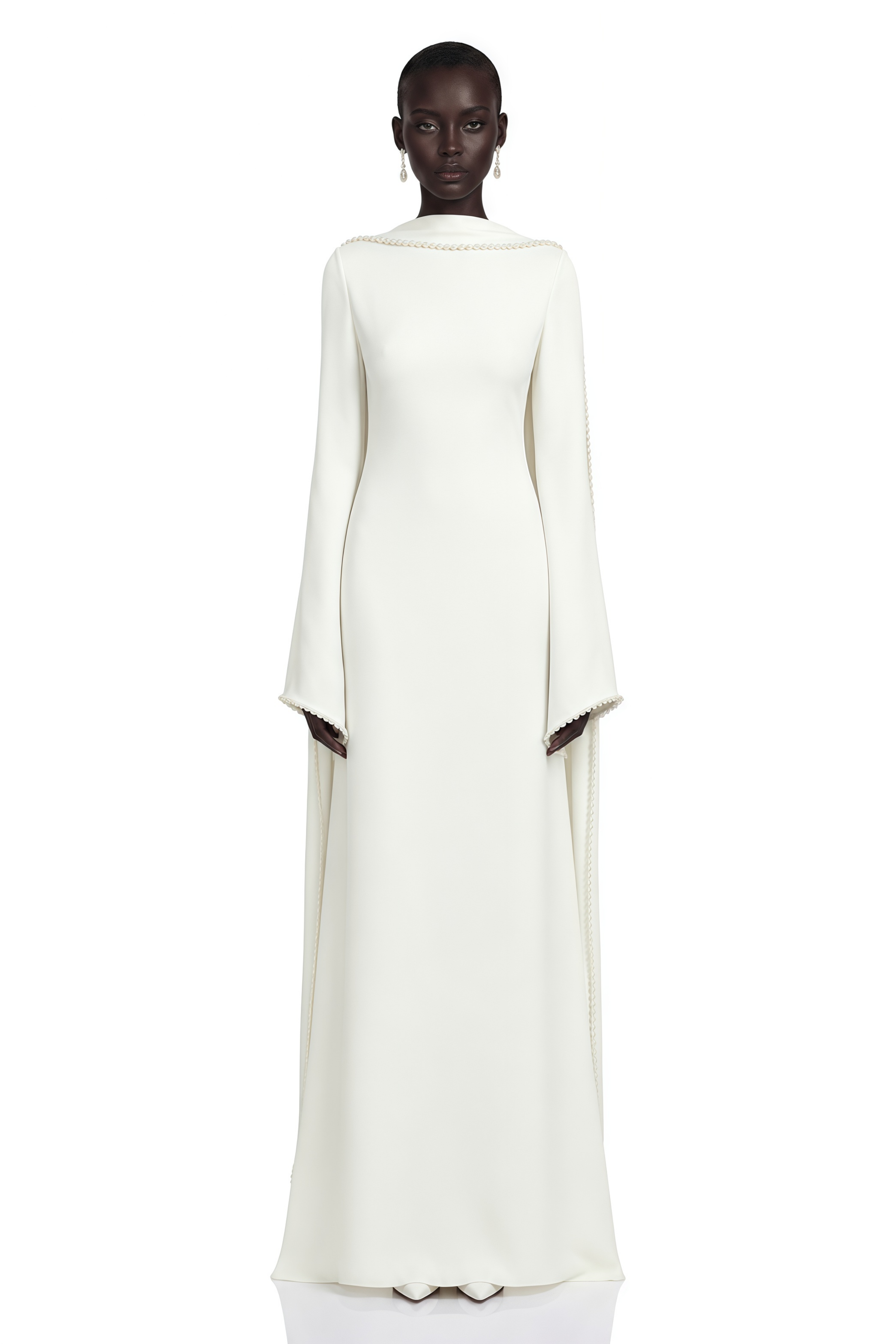 Piroska White Pearl Trim Shawl Detail Maxi Dress