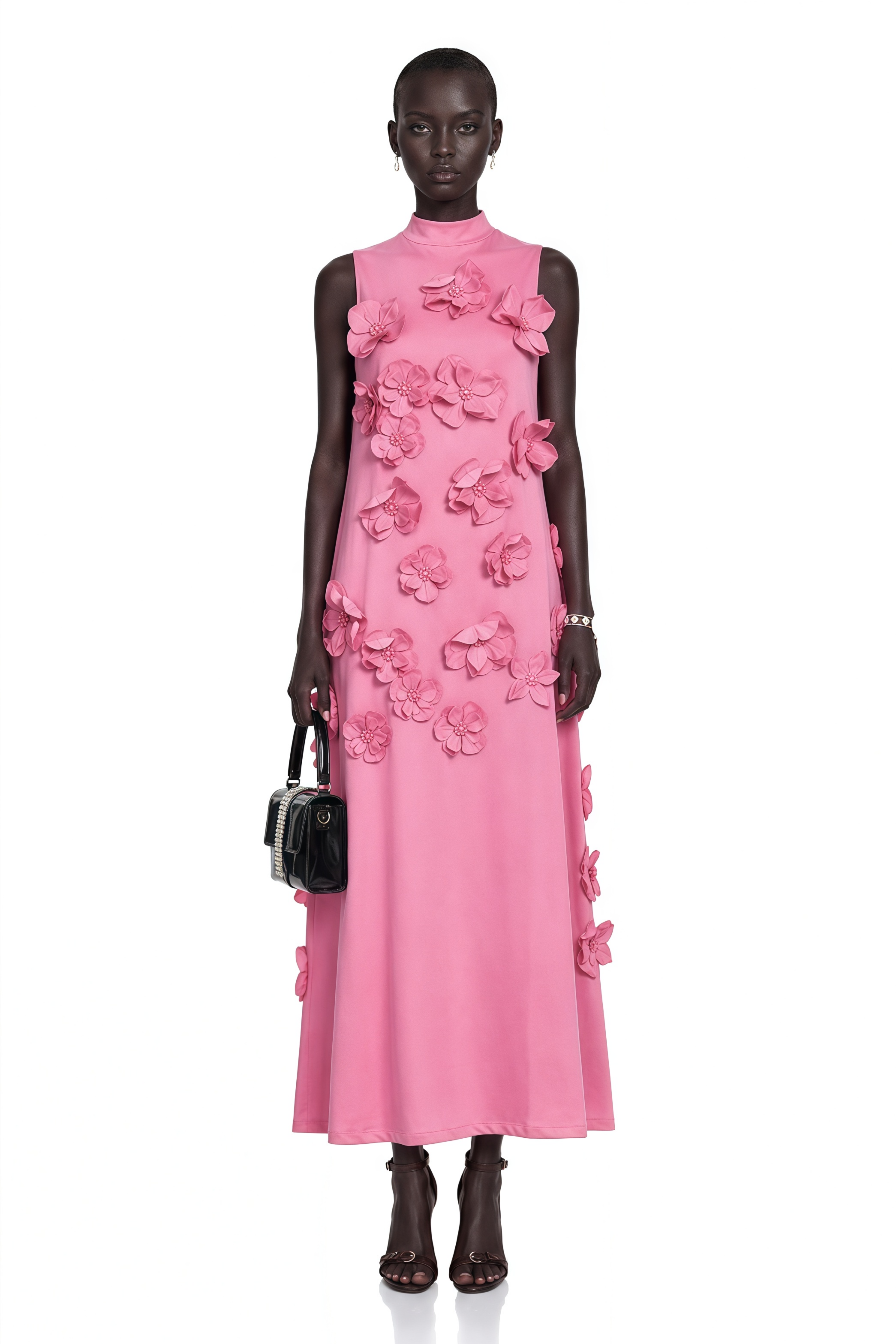Magali Pink Sleeveless Maxi Dress with Faux Flower & Bow-Tie Embellishment