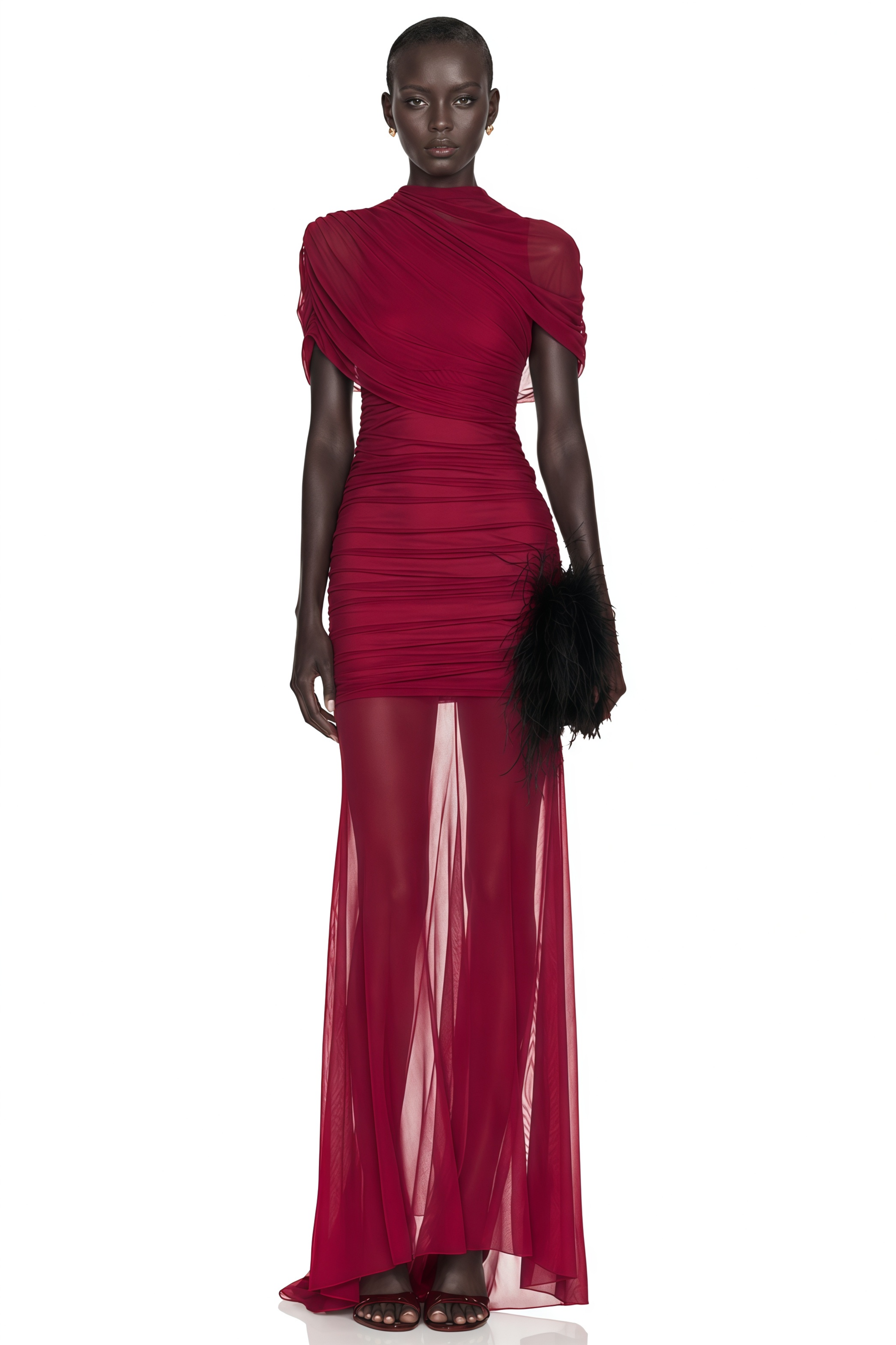 red ruched mesh dress Vana Red Plain Side Ruched Mesh Dress  House Of Haniya