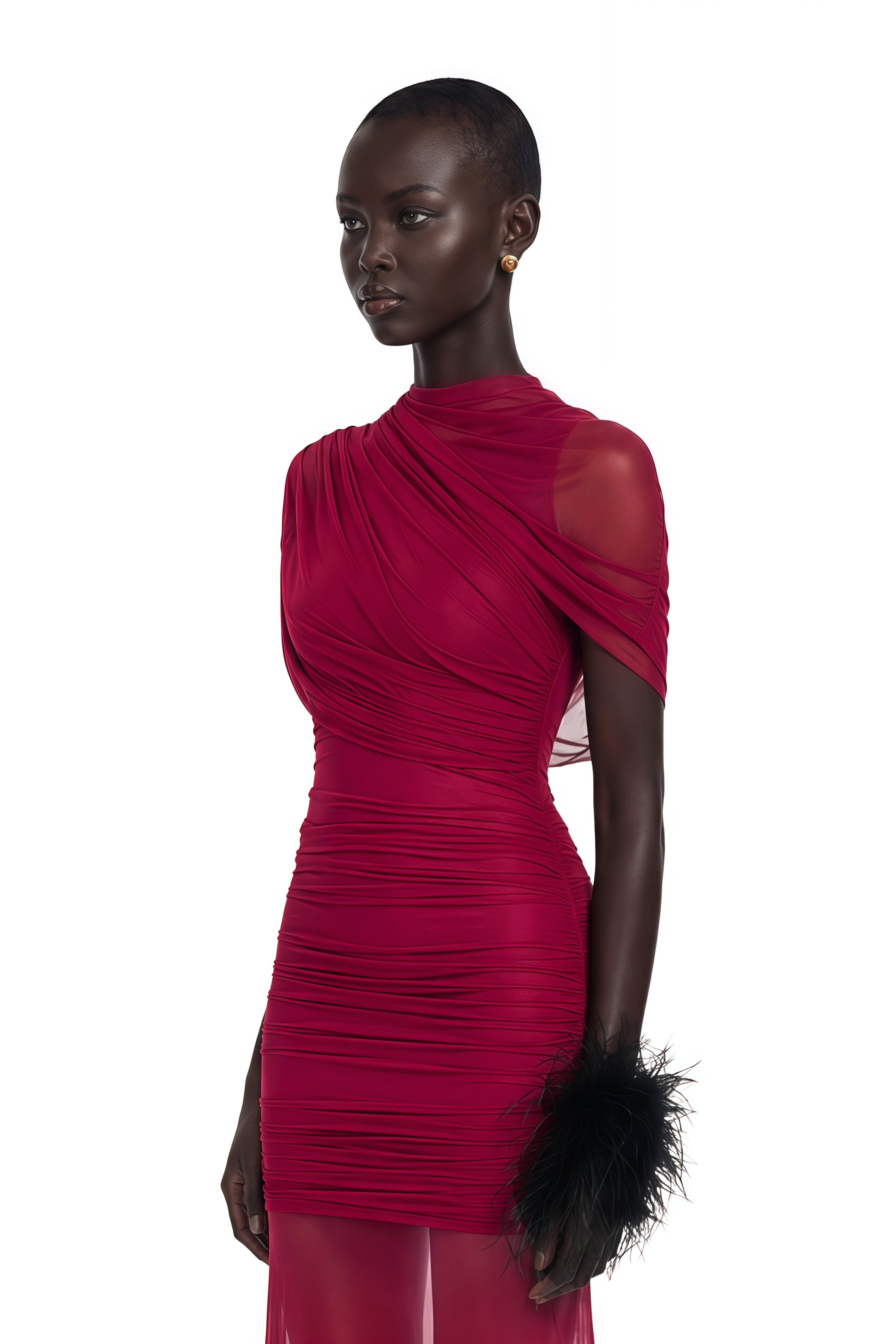 red asymmetrical bodycon dress Sylphe Red Asymmetrical Ruched Mesh Maxi Dress, M / Red