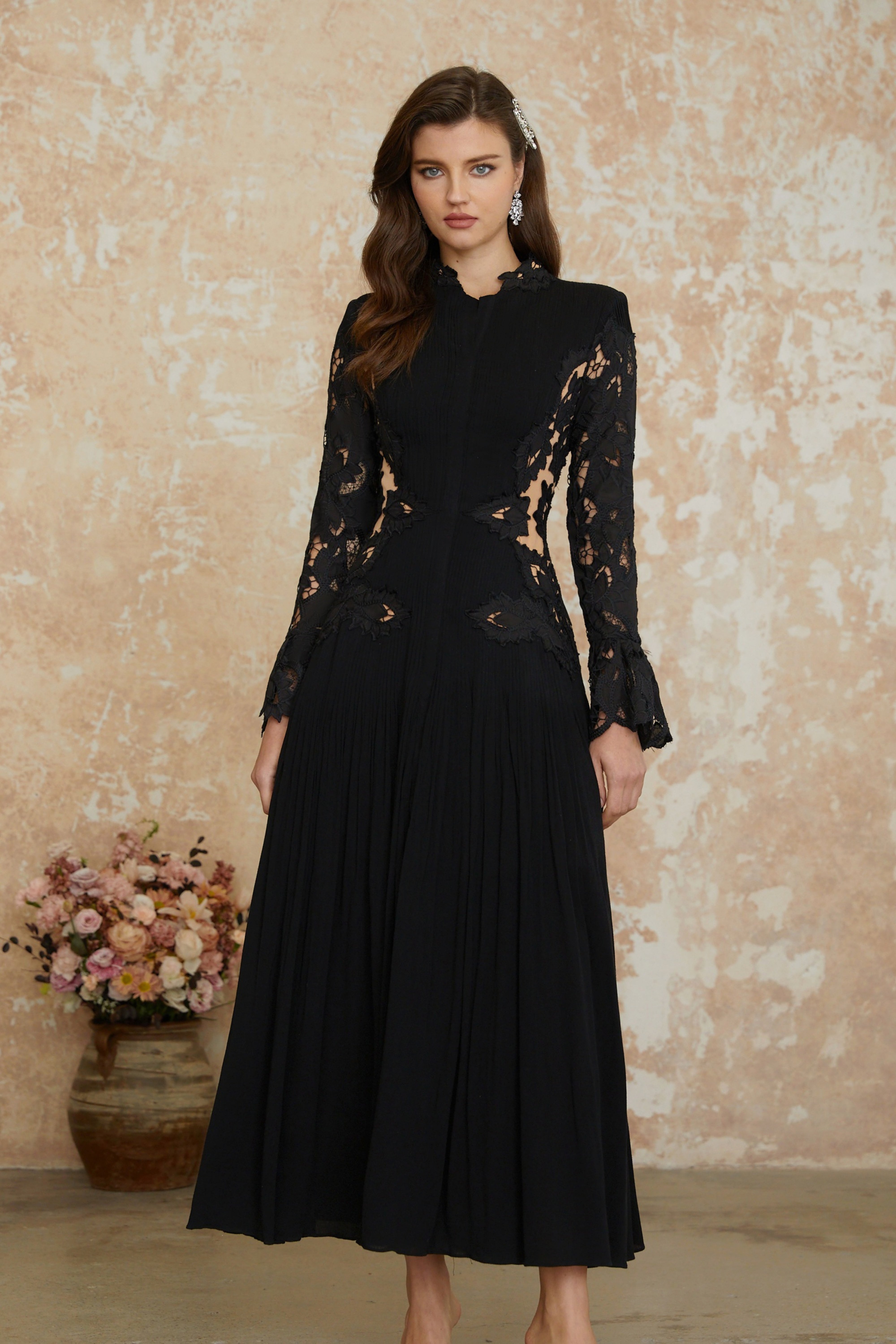 Chiara Black Lace Panel Pleated Midi Dress