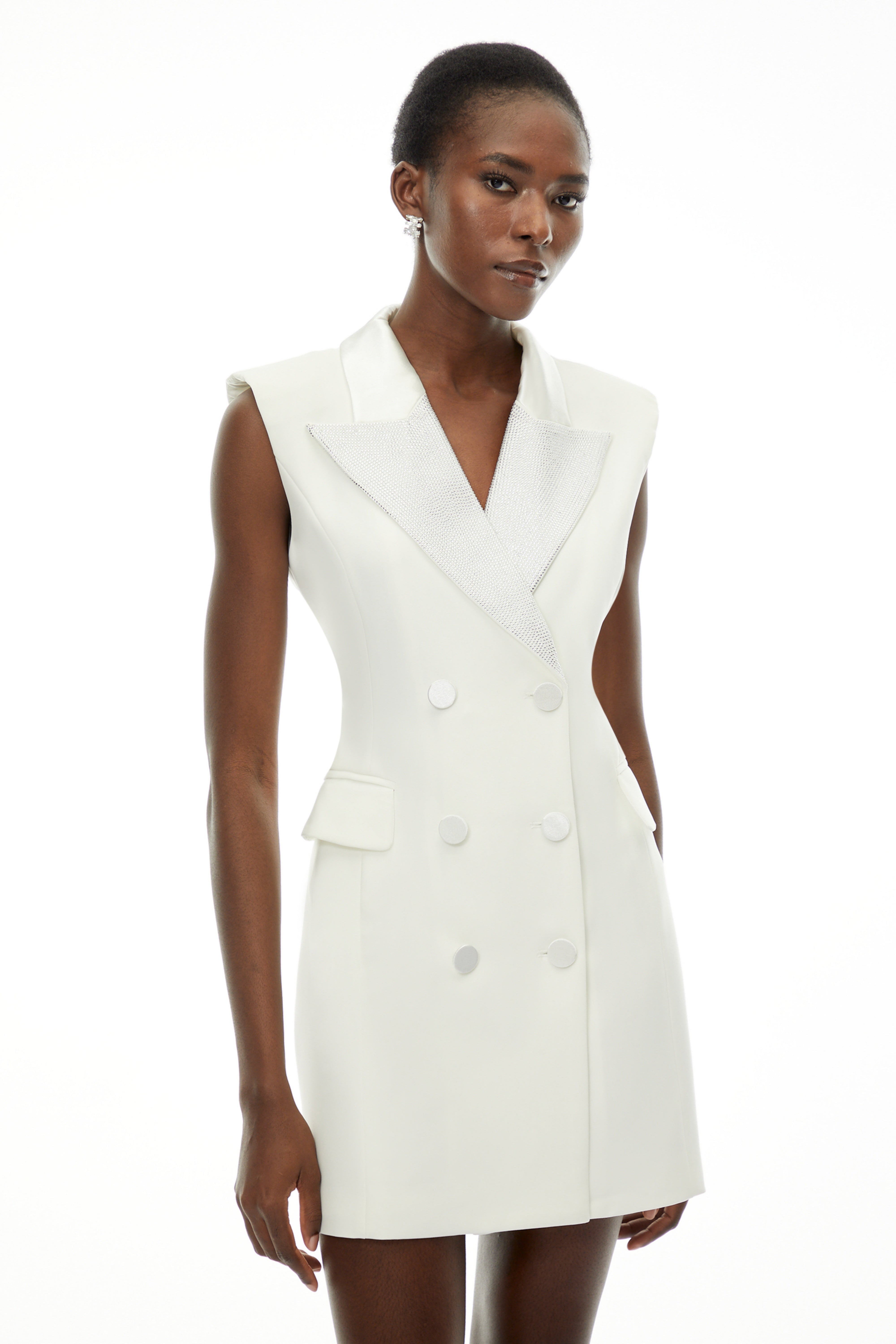 Chiara White Sequin Blazer Dress with Lapel Collar