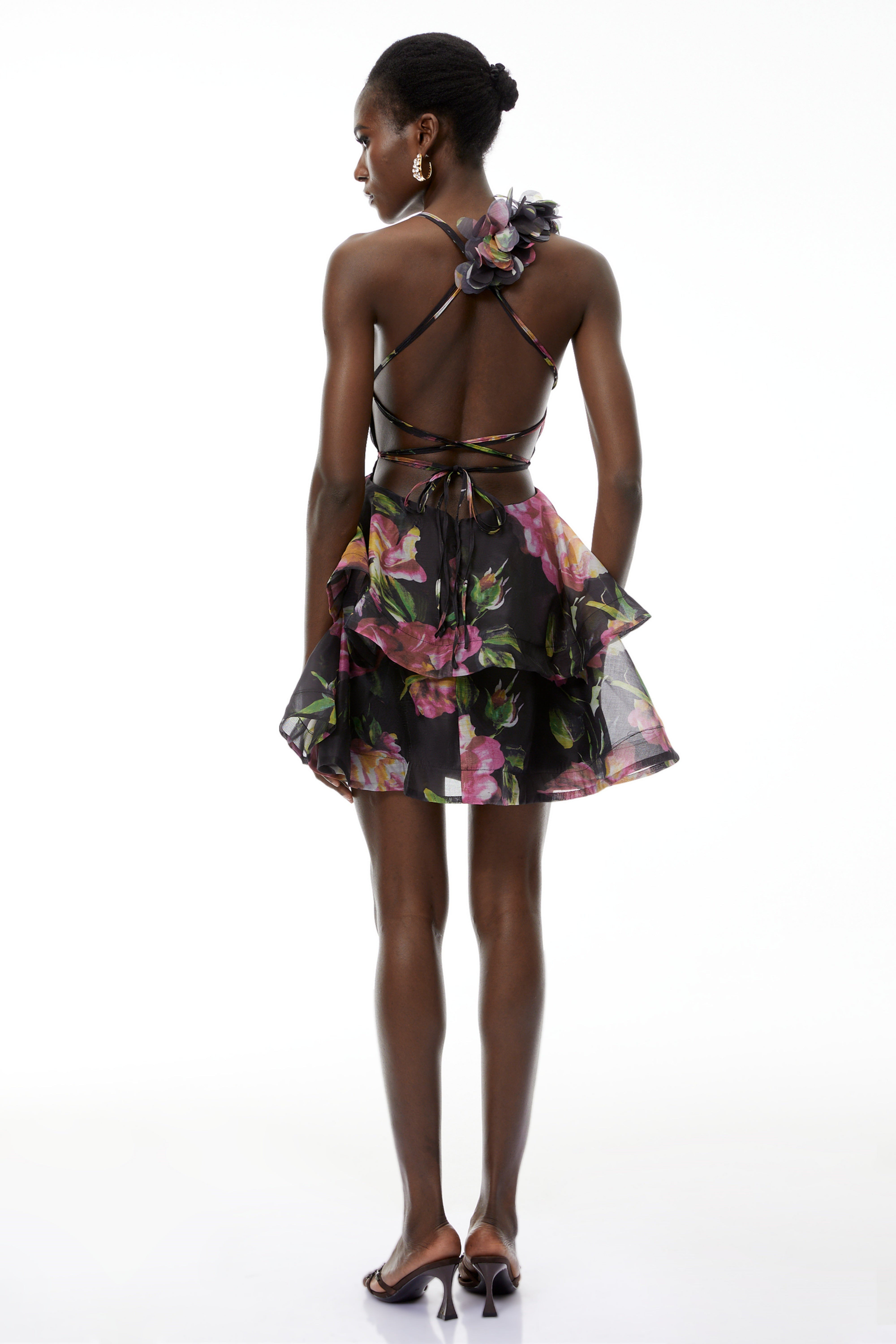 Chione Black Floral Applique Backless Mini Dress